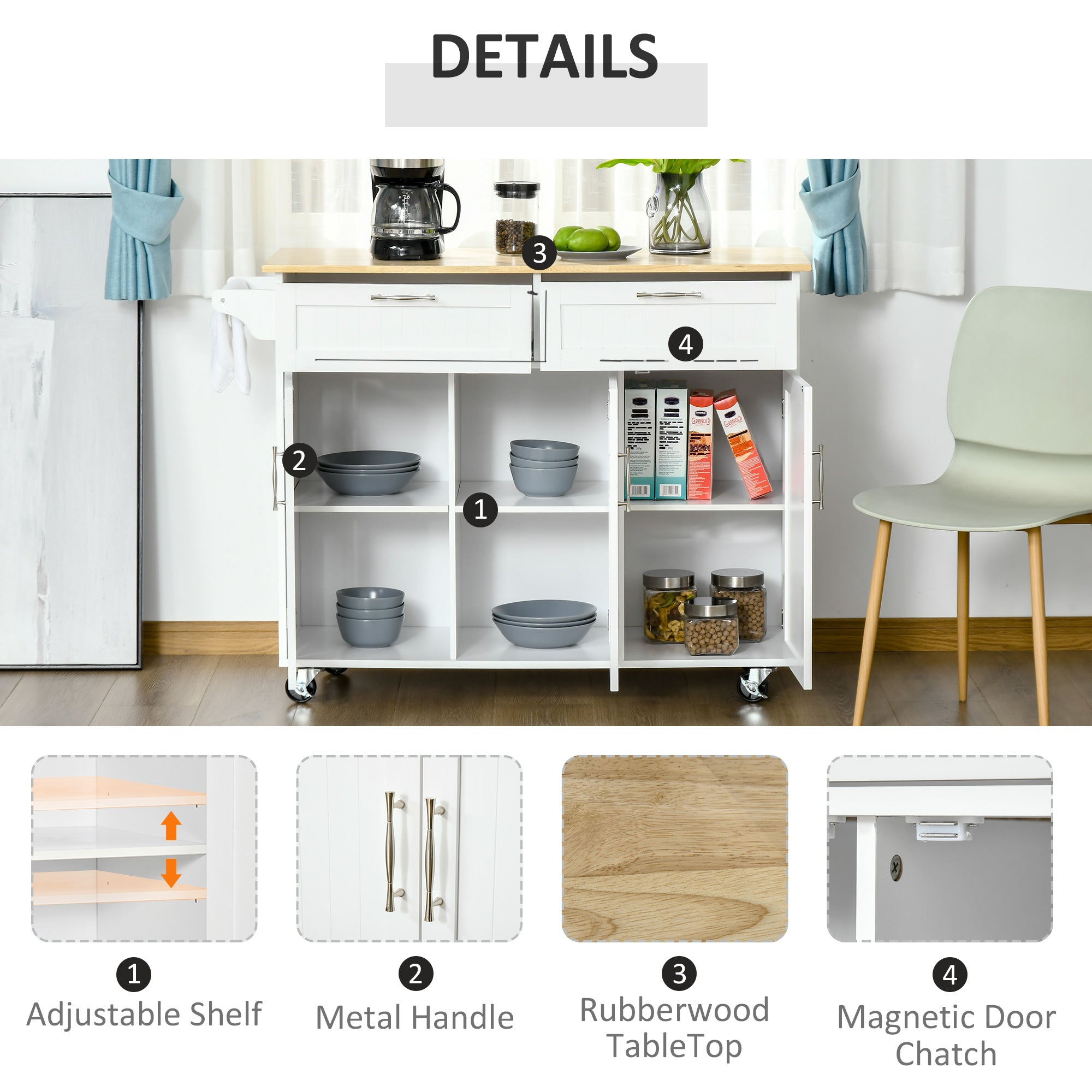 HOMCOM Kitchen Island Utility Cart, with 2 Storage Drawers & Cabinets for Dining Room, White - North Peak Garden Furniture