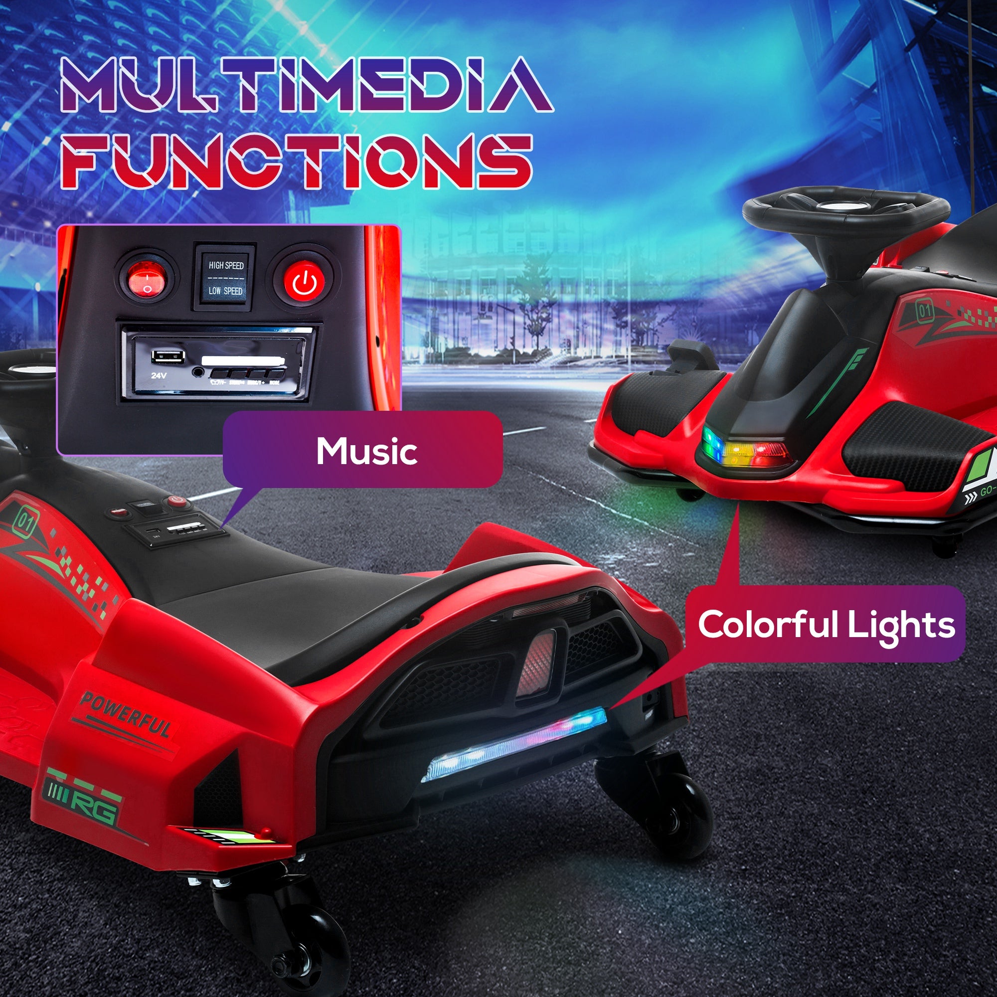 HOMCOM 12V Kids Electric Go Kart with Music, LED Lights, Slow Start, Red - North Peak Garden Furniture