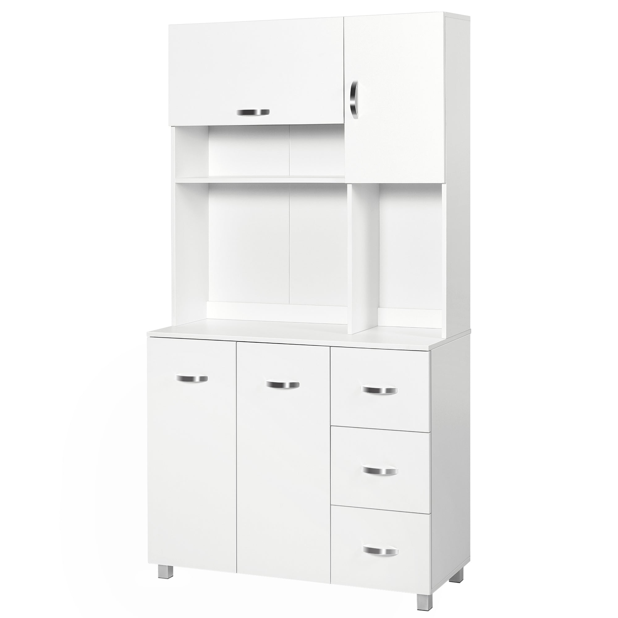HOMCOM Freestanding Kitchen Cupboard, Storage Cabinet with Doors and Shelves, Drawers, Open Compartments for Microwave,White - North Peak Garden Furniture