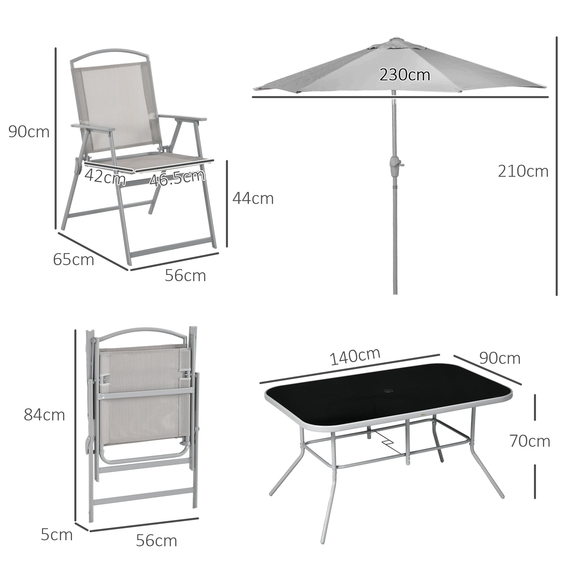 Outsunny Eight-Piece Garden Dining Set, with Chairs, Table and Parasol - Grey - North Peak Garden Furniture