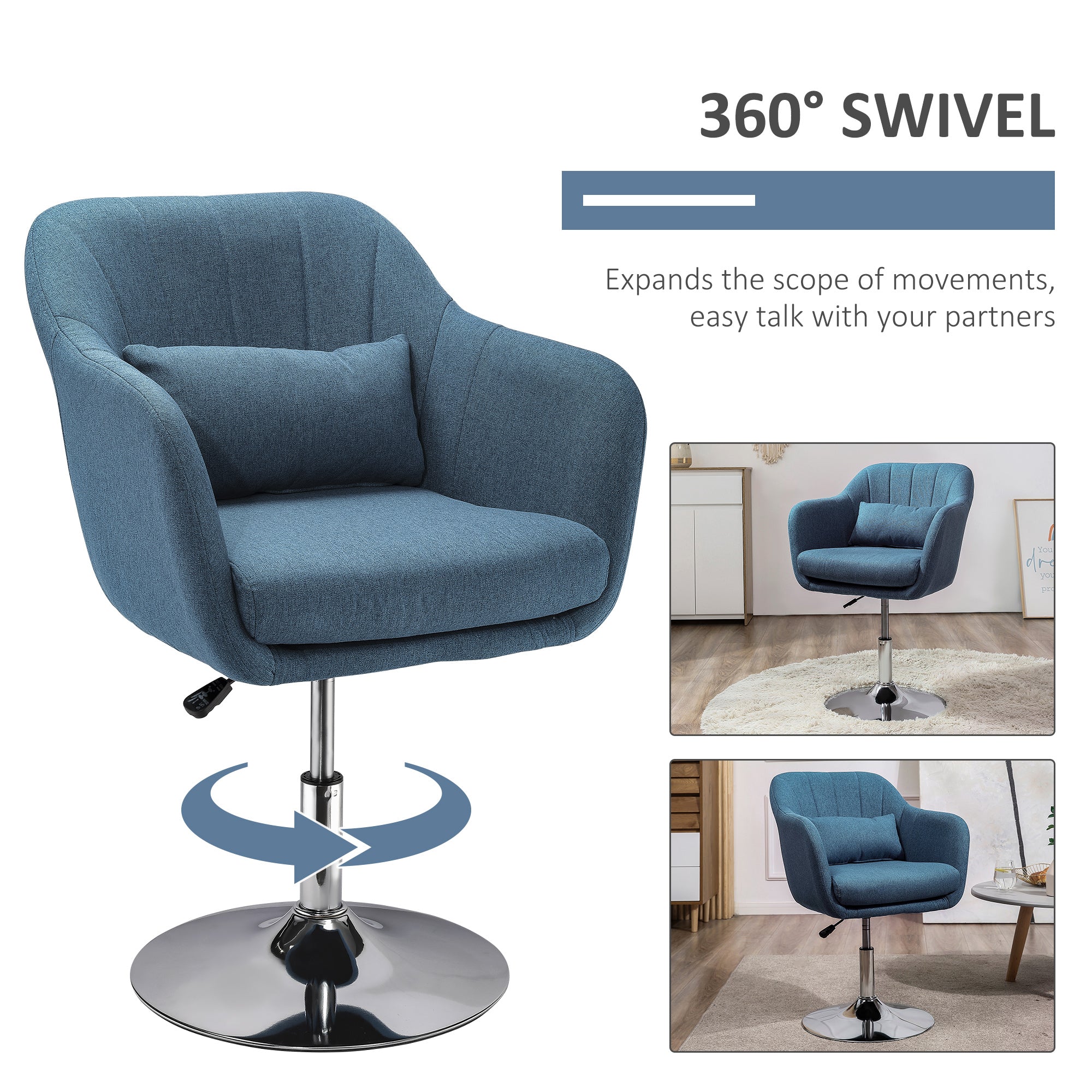 HOMCOM Swivel Linen Fabric Accent Chair for Living Room Contemporary Vanity Armchair with Adjustable Height Thick Cushion Lumbar Support Armrest for Bedroom Office Blue - North Peak Garden Furniture