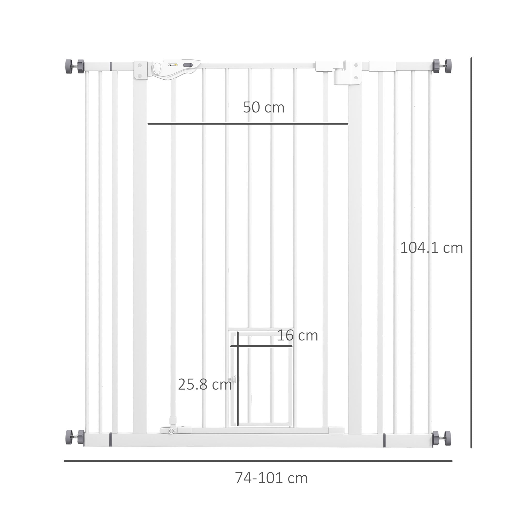 PawHut Extra Tall Pet Gate, Indoor Dog Safety Gate, with Cat Flap, Auto Close, 74-101cm Wide - White