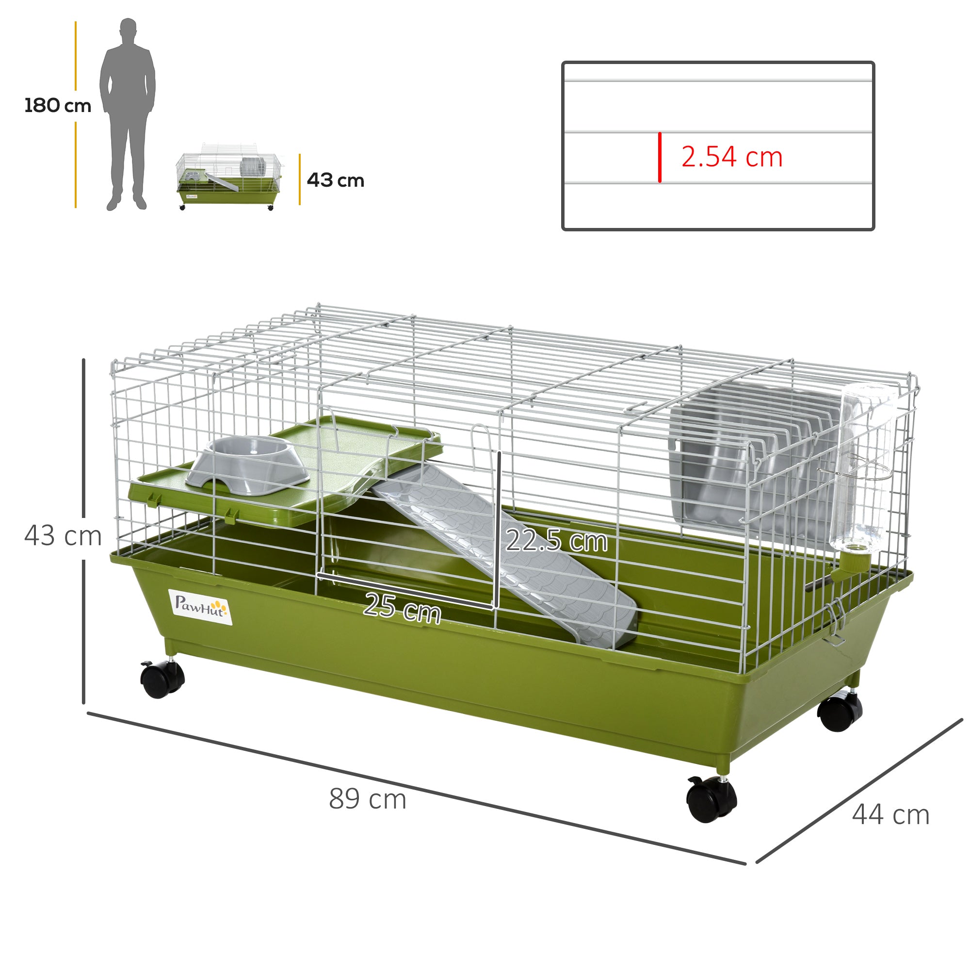 PawHut Small Animal Cage Rabbit Guinea Pigs Chinchillas Cage w/ Wheels Water Bottle Food Dish Platform Ramp 89 x 44 x 43 cm Green