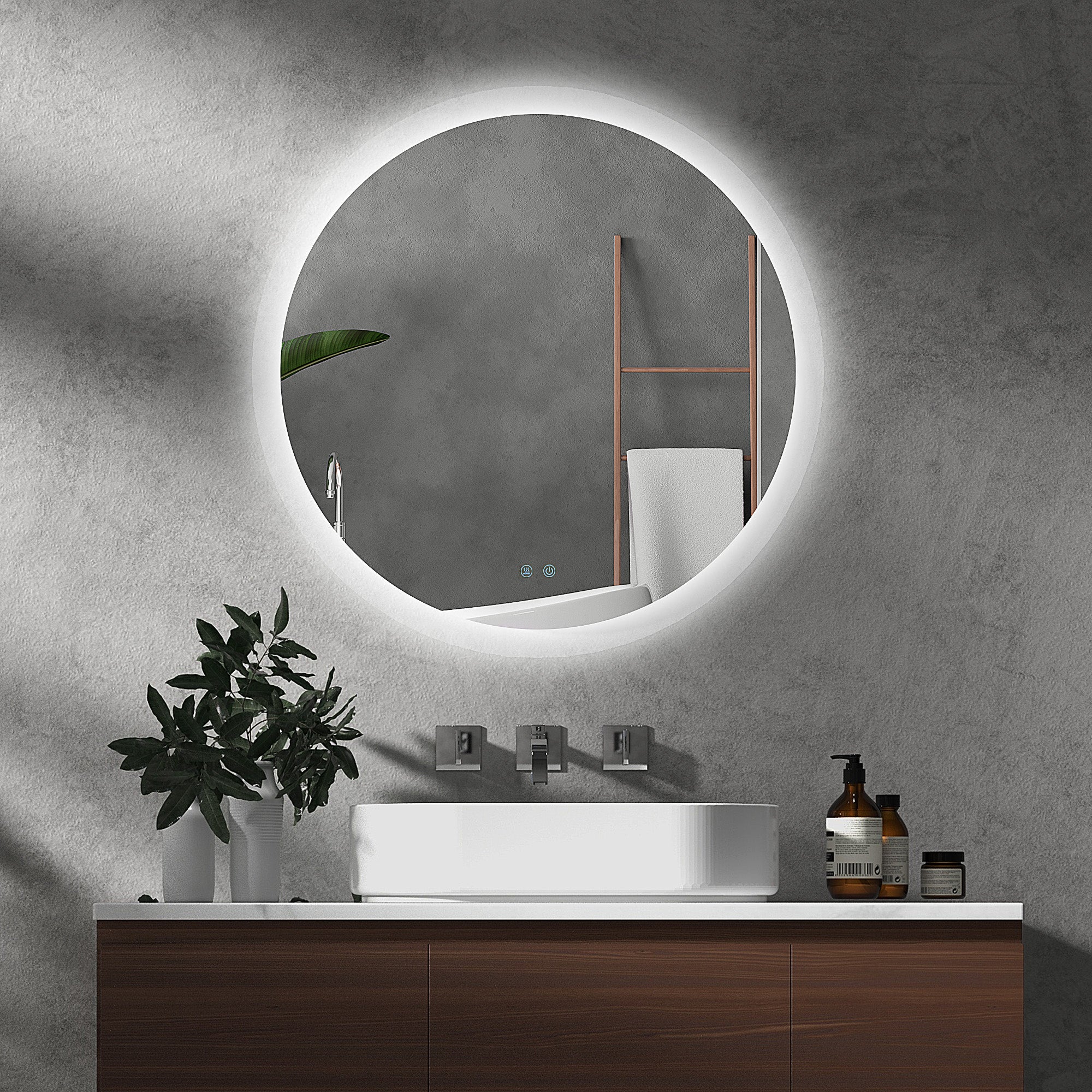 kleankin Round Bathroom Mirror with LED Lights, Wall-Mounted Dimmable Makeup Mirror with 3 Temperature Colours, Defogging Film, Memory Function, Hardwired, 60 x 60 cm - North Peak Garden Furniture