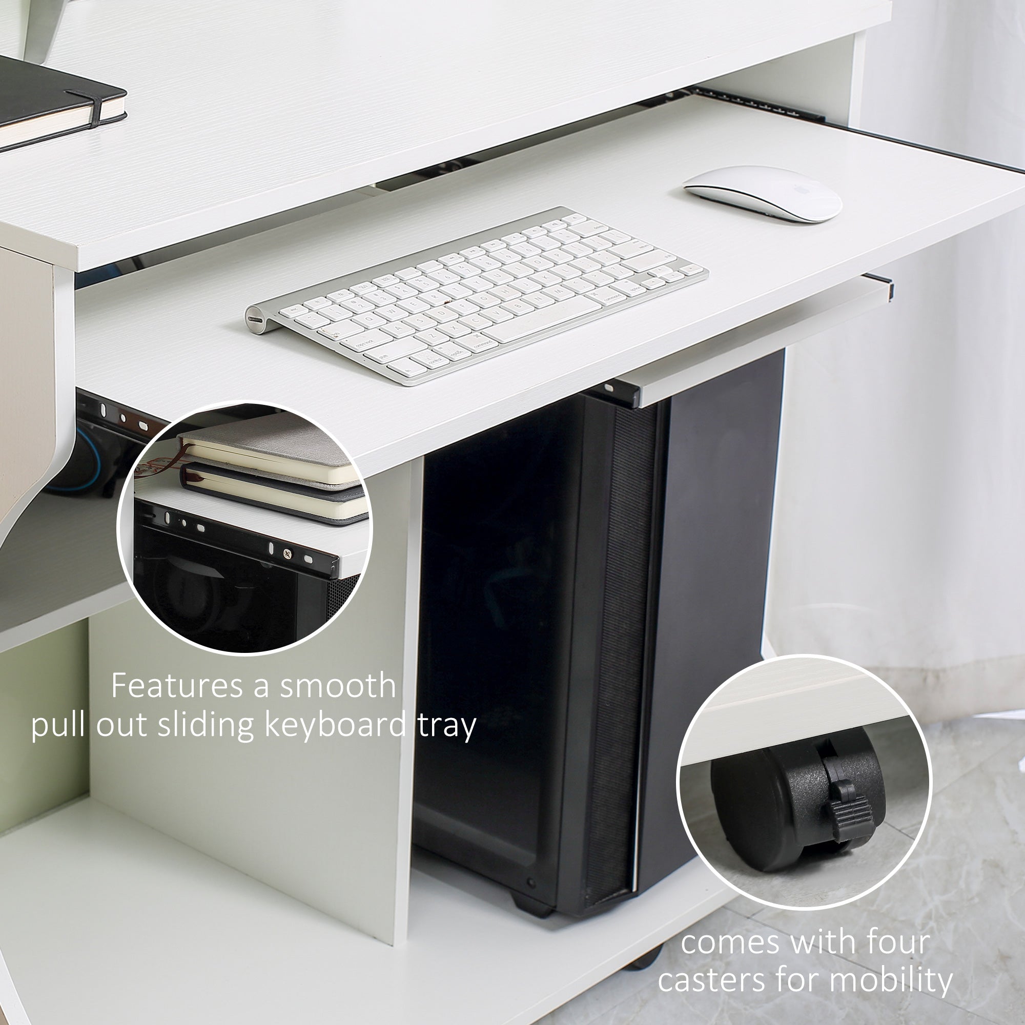 HOMCOM Multi-Storage Compact Work Desk, with Wheels - White - North Peak Garden Furniture