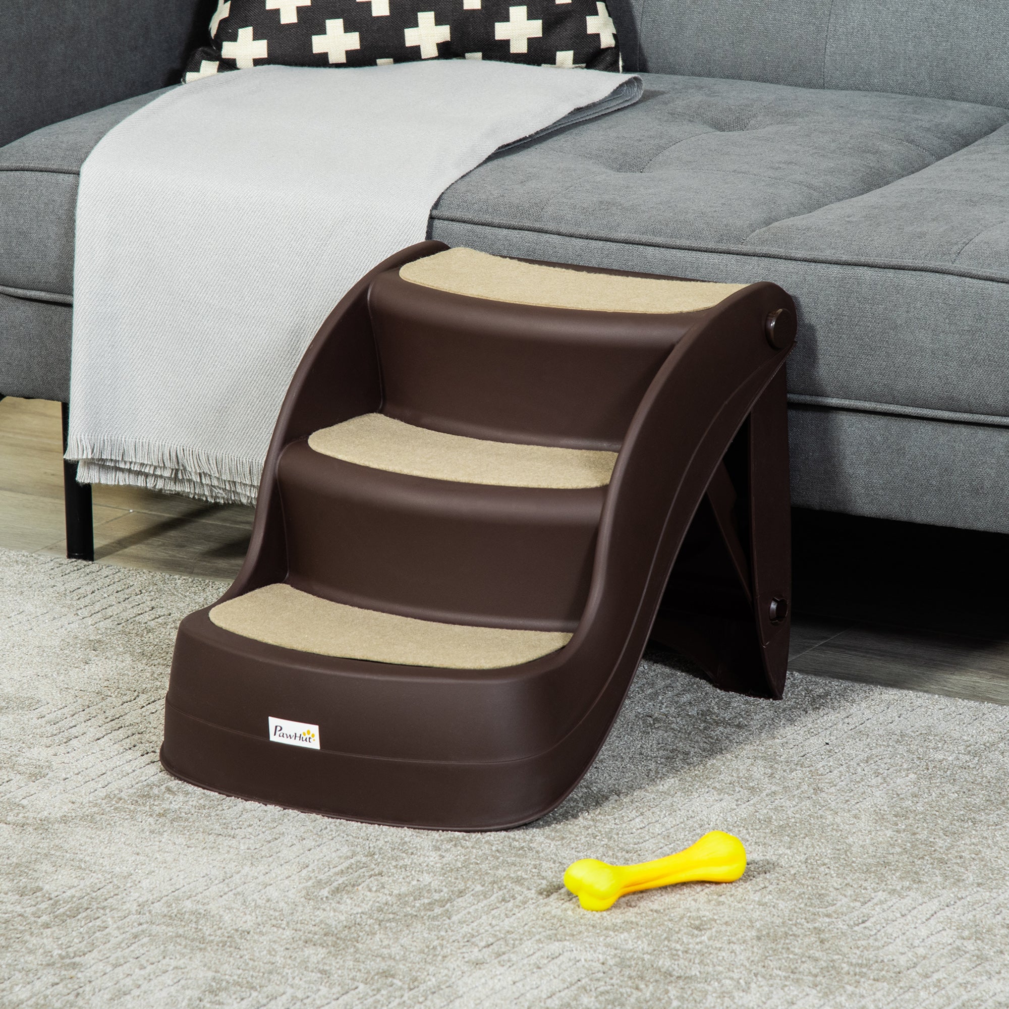PawHut Foldable Pet Stairs Portable Dog Steps 3-Step Design with Non-slip Mats for High Beds, Sofas, 49 x 38 x 38 cm, Brown - North Peak Garden Furniture