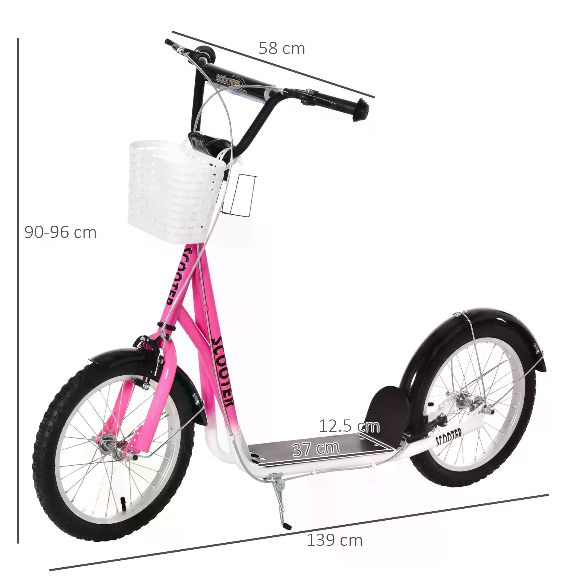 HOMCOM Kids Scooter Teen Ride On Children Scooter with Adjustable Handlebar 2 Brakes Basket Cupholder Mudguard 16" Inflatable Rubber Tyres for 5-12 years old Pink