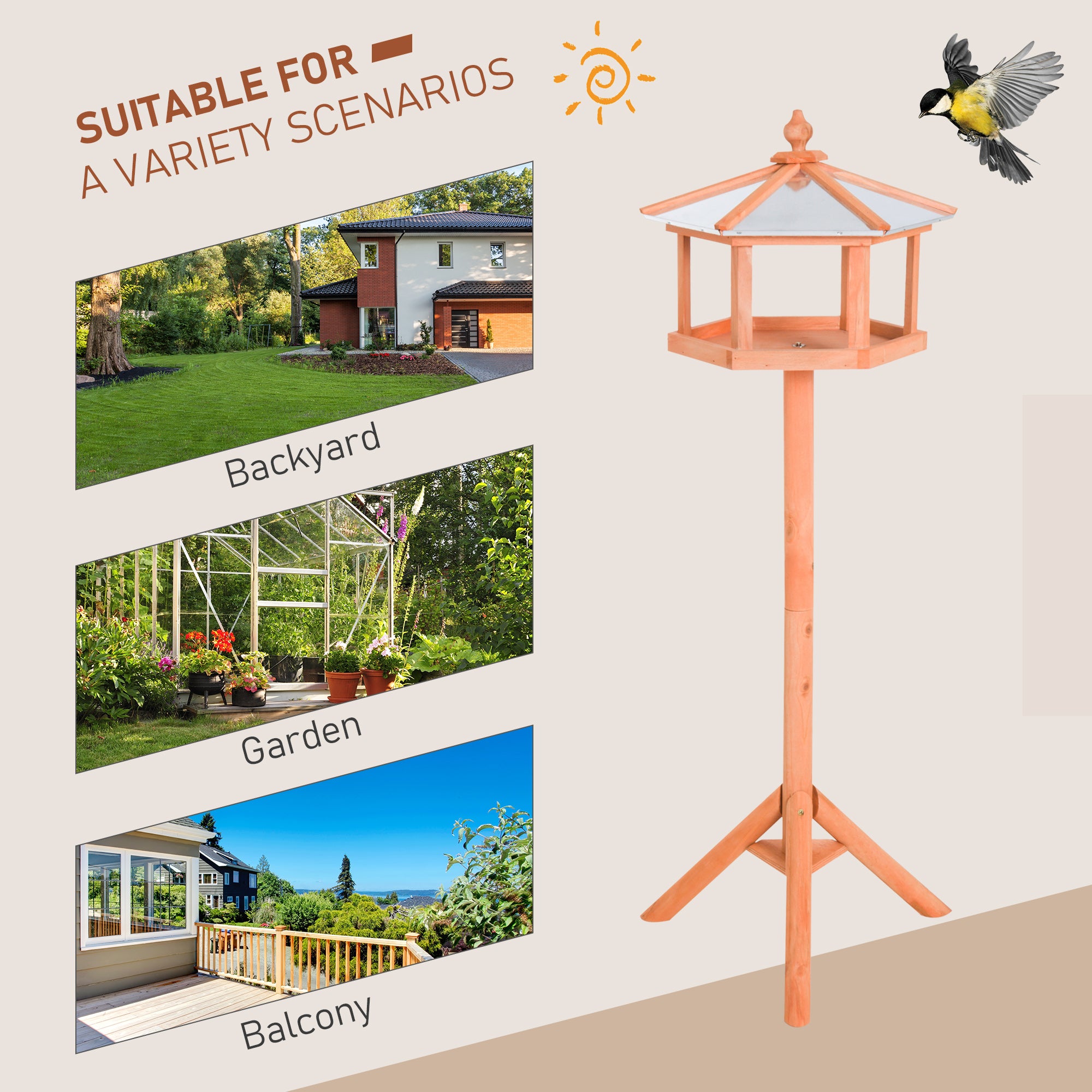 PawHut Wooden Bird Table Free Standing Feeder Garden Sheltered Feeding Station Parrot Stand Birdhouse Φ40x113cm - North Peak Garden Furniture
