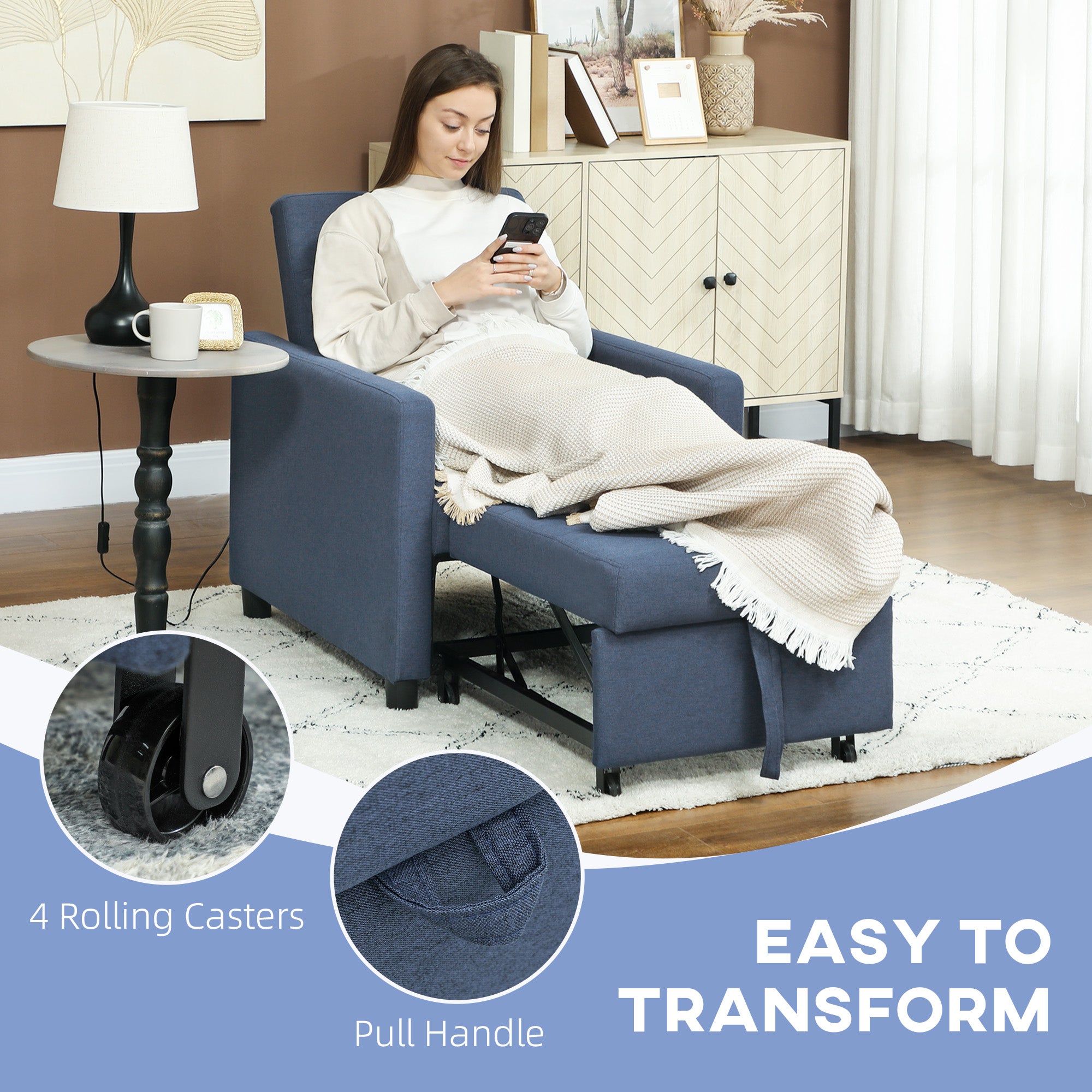 HOMCOM 3-In-1 Chair Bed, Convertible Sleeper Chair with Adjustable Backrest, Pillow and Footrest for Living Room, Blue - North Peak Garden Furniture
