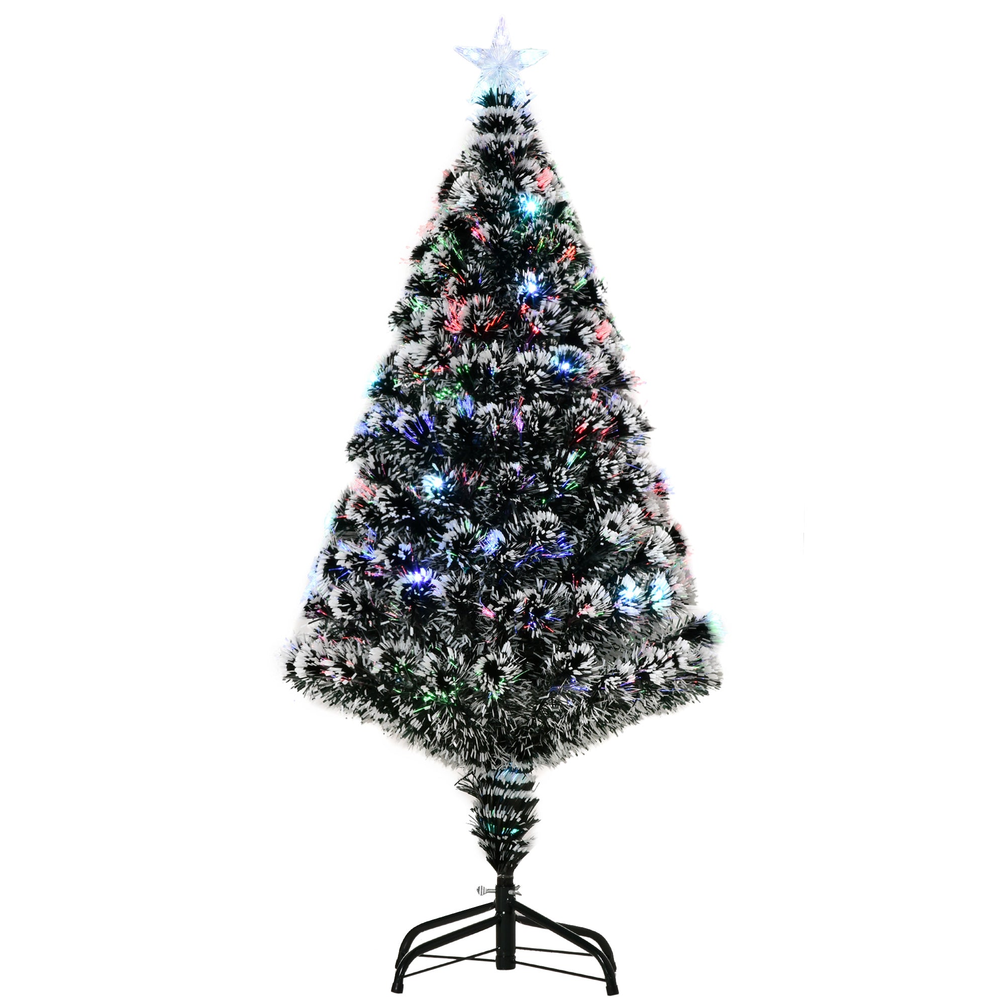 HOMCOM 4ft Artificial Prelit Christmas Tree, Snow Xmas Tree with Colourful LED Lighting Fiber Optics, Green White - North Peak Garden Furniture