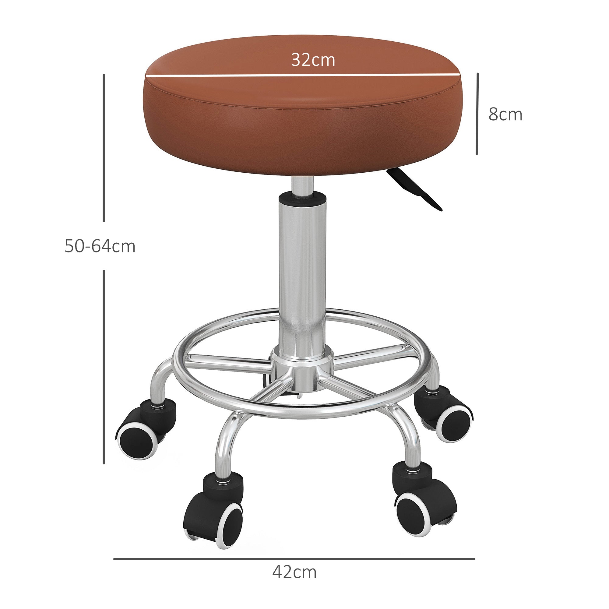 Vinsetto PU Leather Rolling Stool, Height Adjustable Stool Chair with Wheels for Salon, Massage, Spa, Brown - North Peak Garden Furniture
