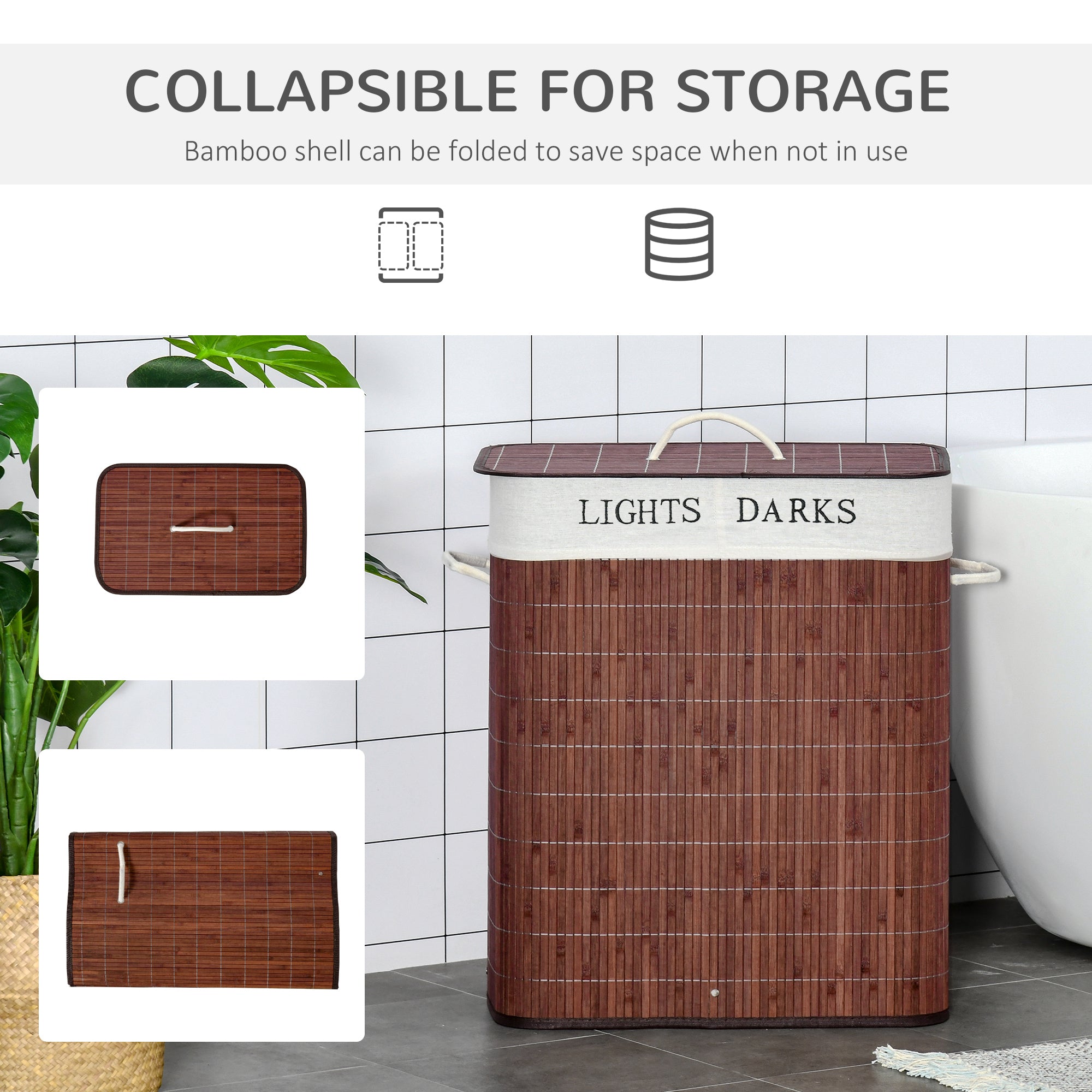HOMCOM 100L Laundry Basket with Lid String Handles, 2 Section Collapsible Hamper Removable Lining Foldable Water-Resistant Dirty Clothes Storage, Brown - North Peak Garden Furniture