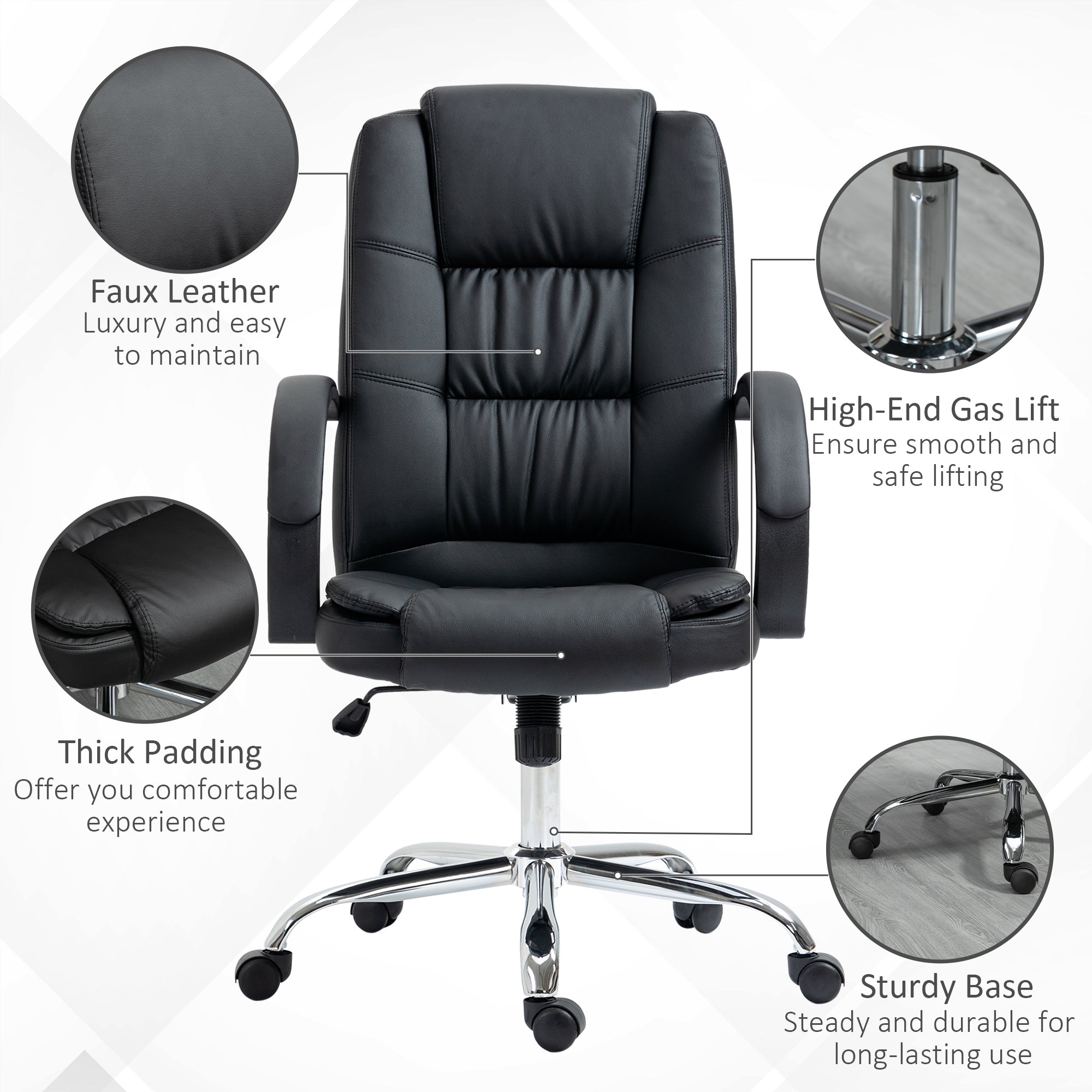 Vinsetto Office Chair, PU Leather Desk Chair with 13cm Soft Padded Seat and Backrest, Swivel Chair with Adjustable Height and Rolling Wheels, Black - North Peak Garden Furniture