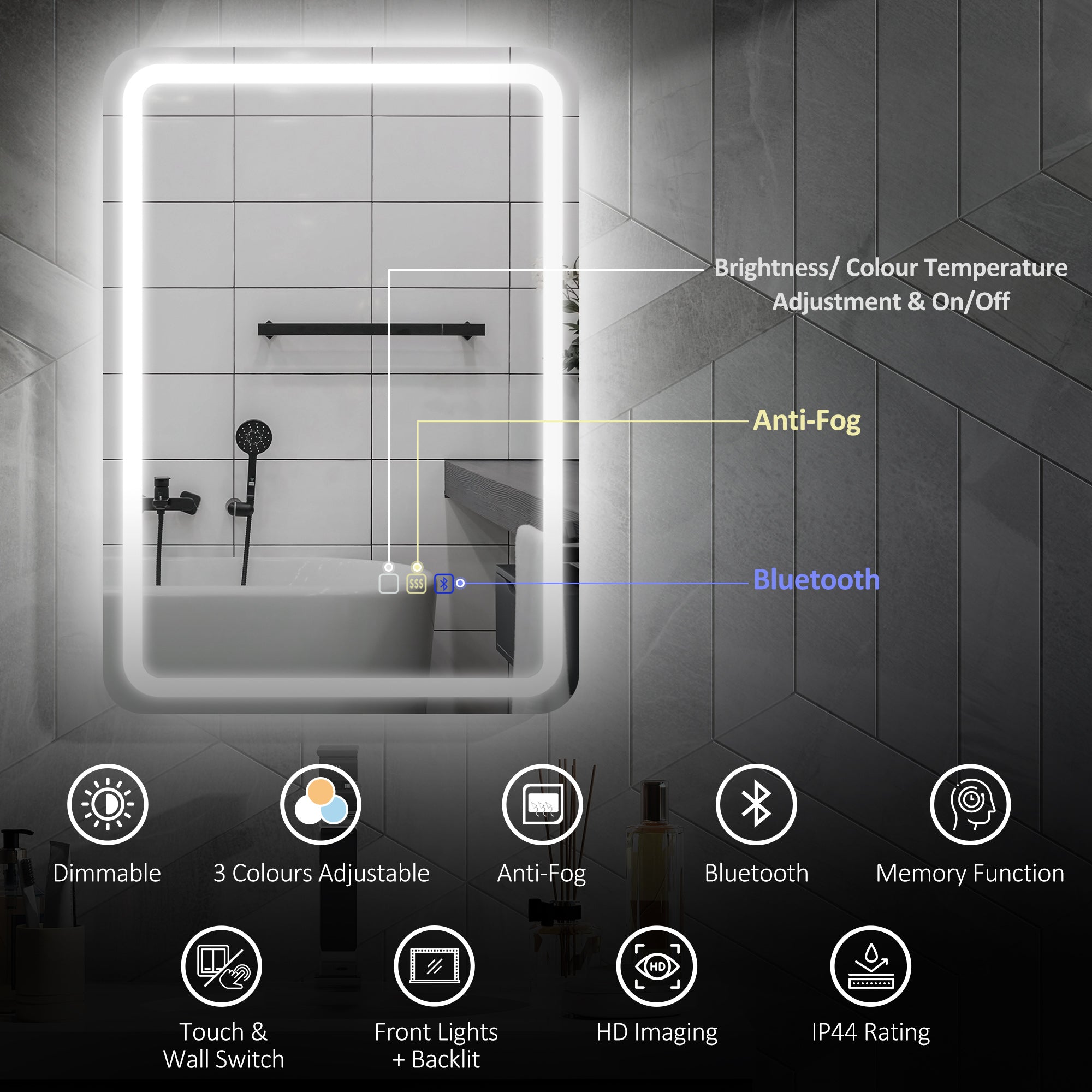 HOMCOM 50 x 70 cm Bluetooth LED Bathroom Mirror with Anti-Fog - Silver Tone - North Peak Garden Furniture