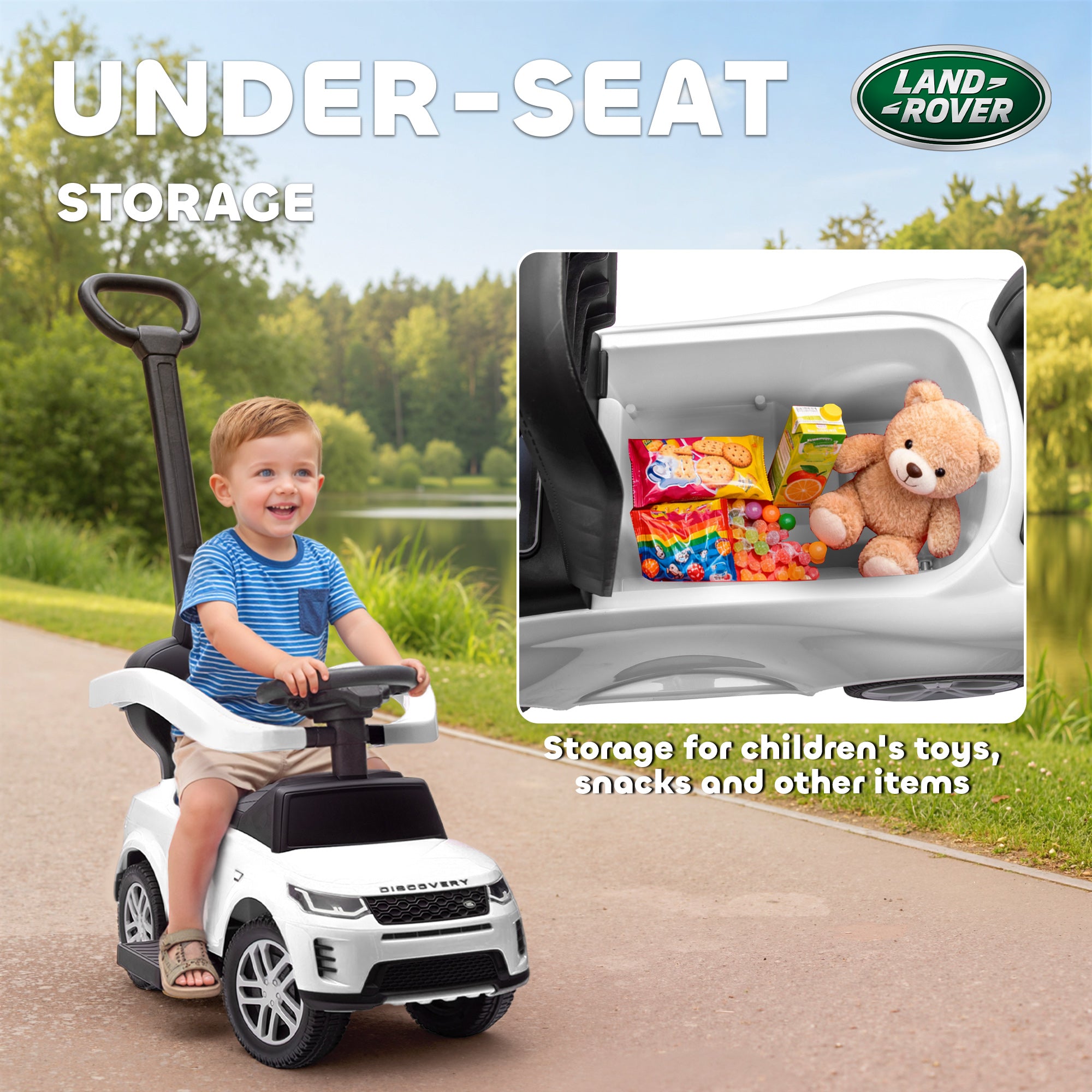 AIYAPLAY LAND ROVER DISCOVERY Licensed Baby Push Car, 2-in-1 Ride on Car with Push Handle and Safety Guardrail, White