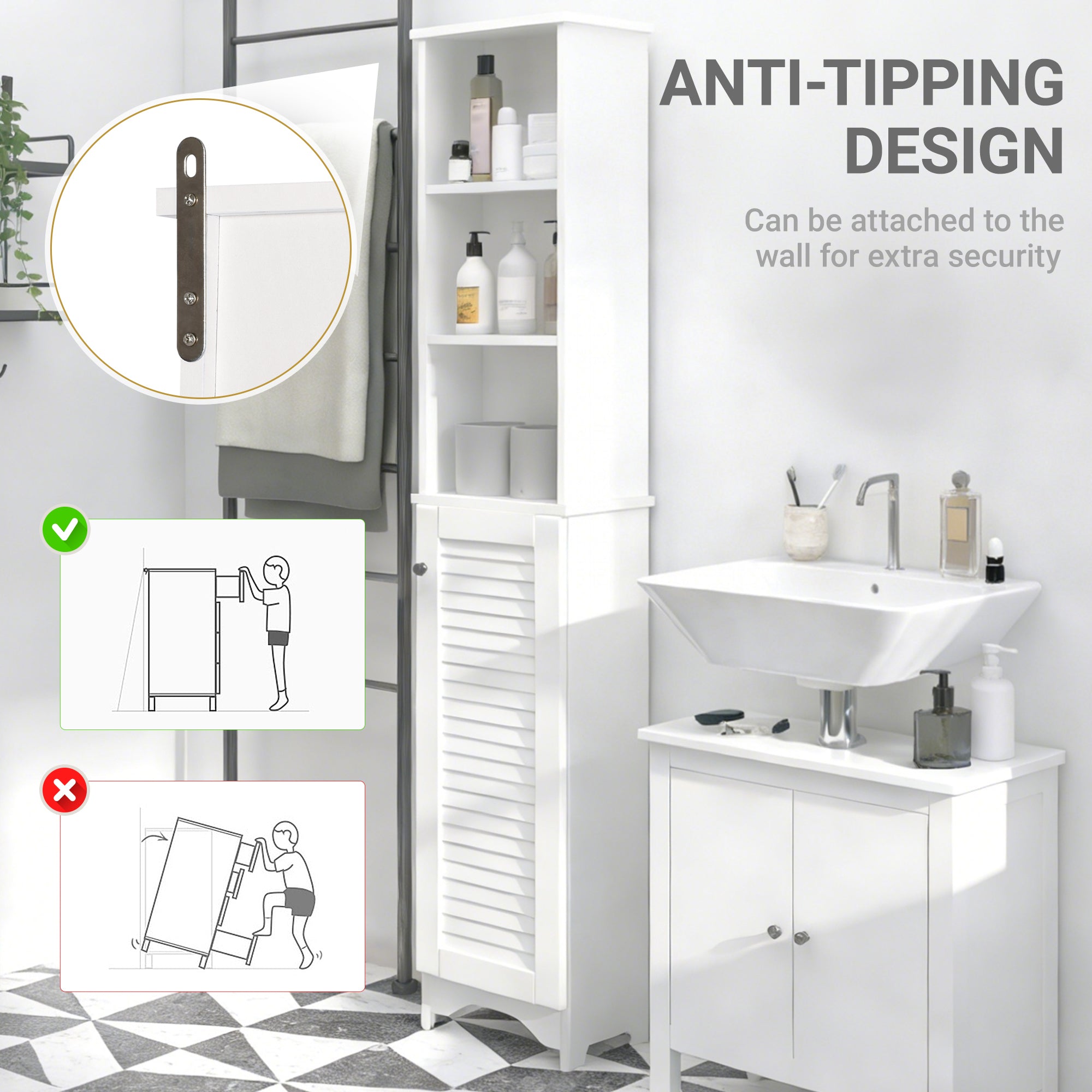 HOMCOM Tall Bathroom Cabinet Storage Cupboard Floor Standing Home Bathroom Furniture w/ 6 Shelves 165H x 34W x 20D cm White
