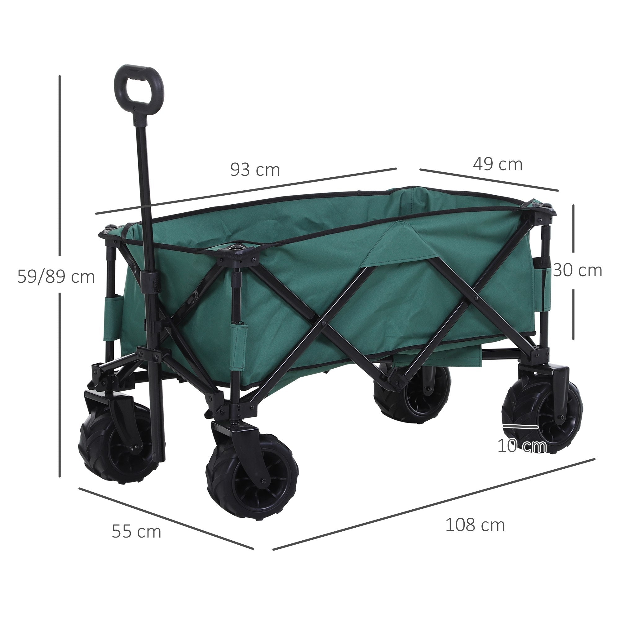Outsunny Outdoor Folding Garden Trolley on Wheels, Pull Along Camping Cart, Cargo Wagon Trailer with Telescopic Handle, Big Wheels for Beach Garden, Green - North Peak Garden Furniture