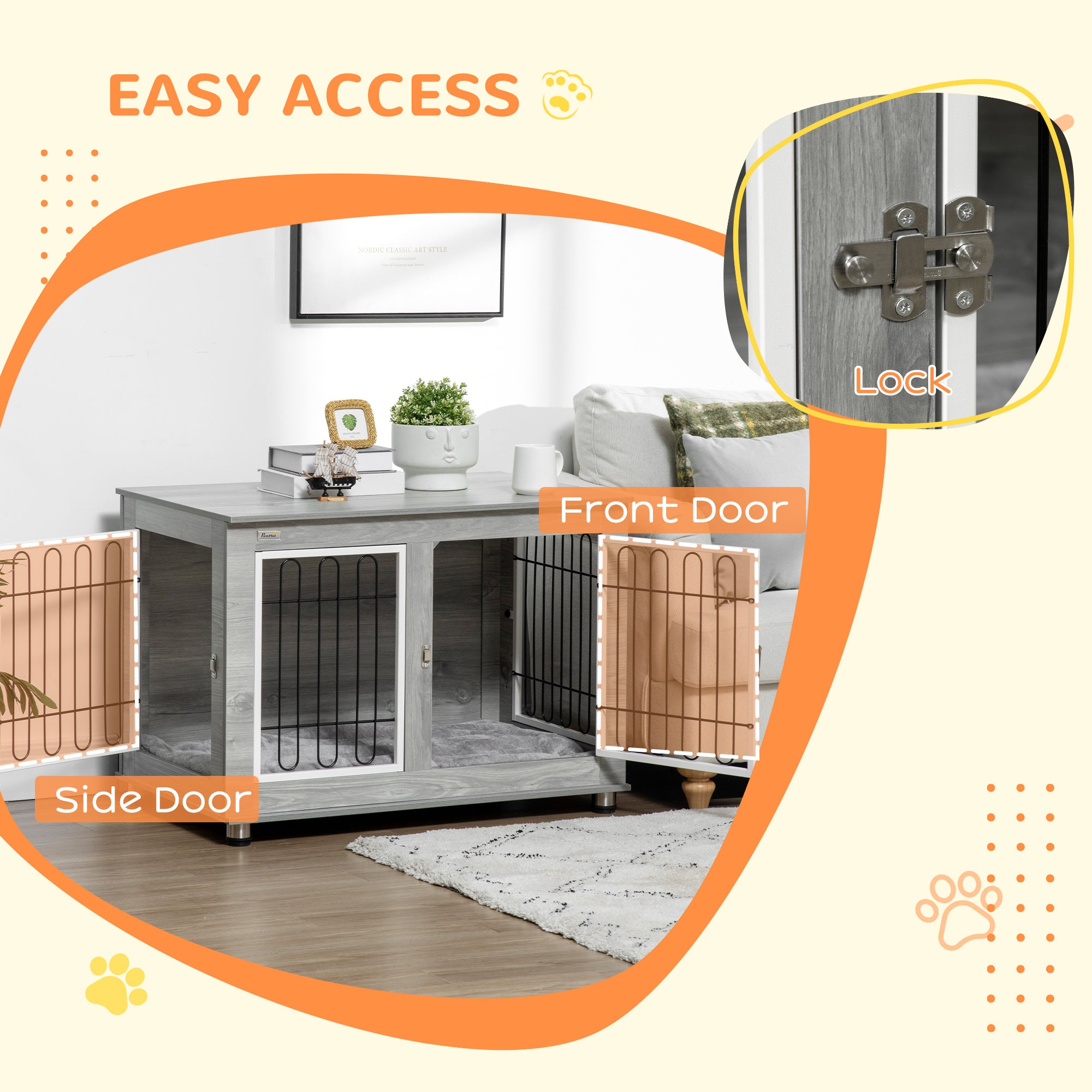 PawHut Dog Crate Furniture, Side End Table, Indoor Dog Kennel with Soft Washable Cushion, Wire Mesh, Large Top, for Medium and Large Dogs,90 x 58 x 65, Grey - North Peak Garden Furniture