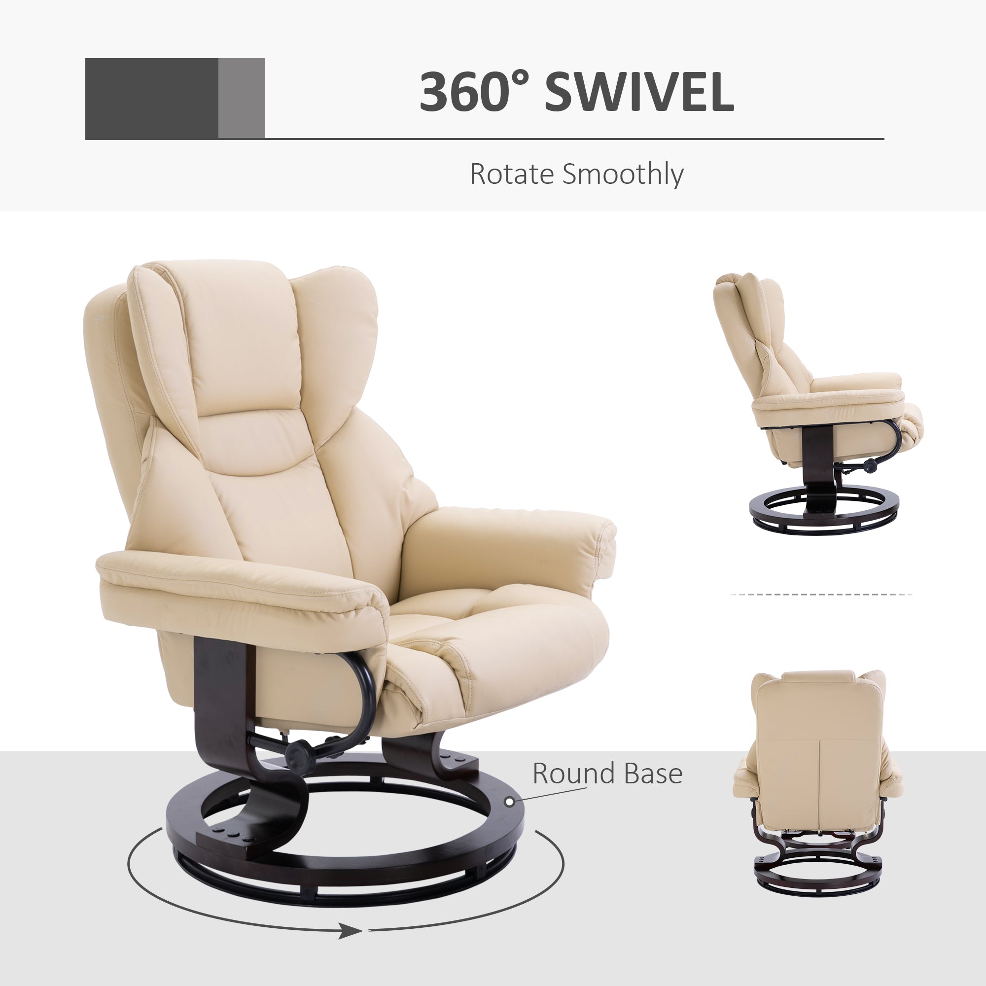 HOMCOM Faux Leather Recliner Chair and Footstool, Swivel Upholstered Armchair and Footstool with Adjustable Backrest, Solid Wood Base for Living Room, Cream - North Peak Garden Furniture