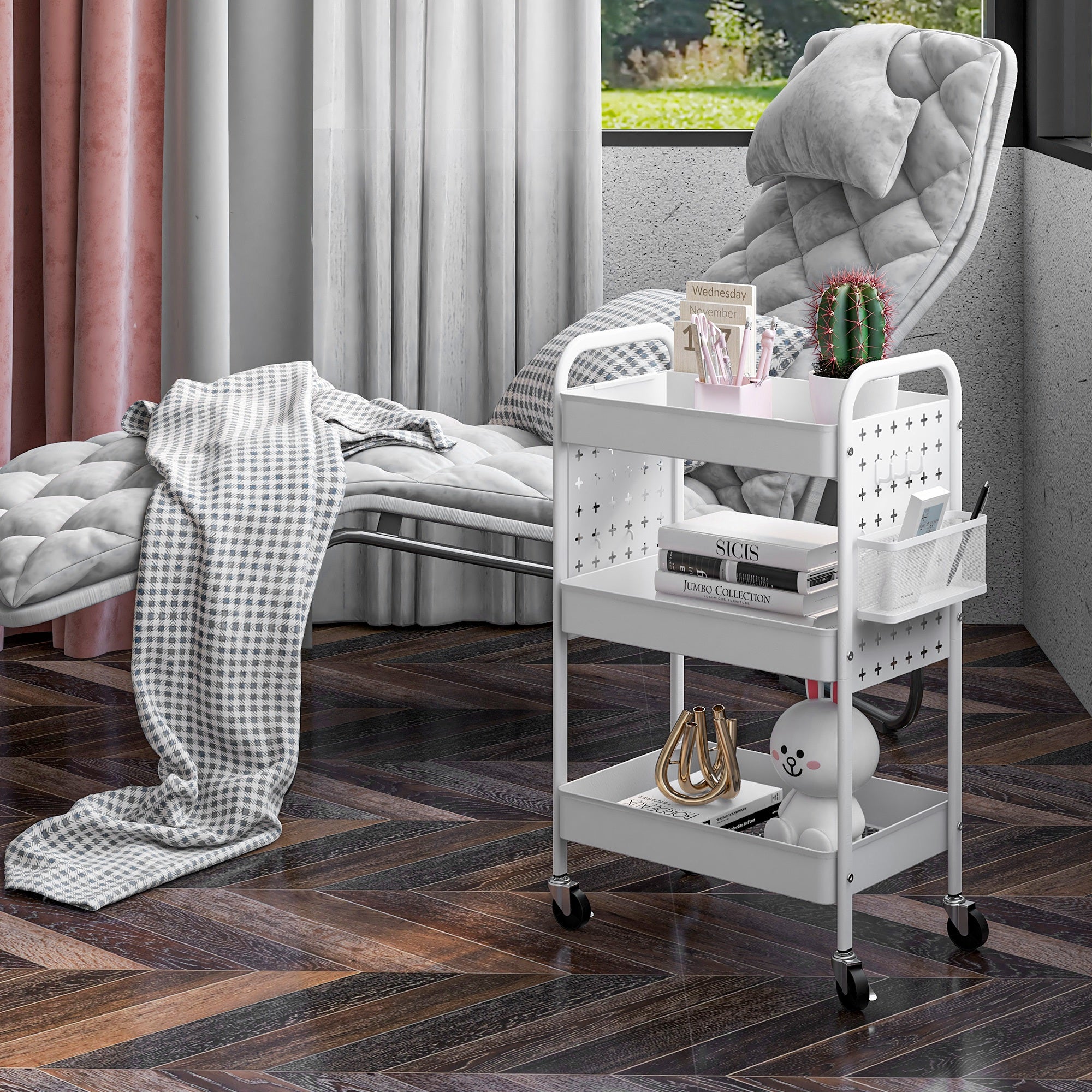HOMCOM 3-tier Storage Trolley on Wheels, Rolling Utility Serving Cart with 3 Mesh Baskets, 2 Hanging Boxes and 6 Hooks for Living Room, Kitchen, White - North Peak Garden Furniture