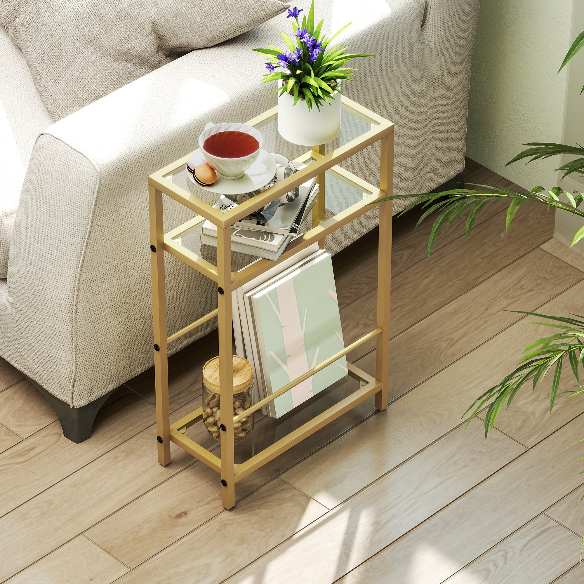 HOMCOM 3-Tier Side Table, Narrow End Table with Storage Shelf and Tempered Glass Tabletop for Small Spaces, Bedroom, Living Room, Entryway, Gold Tone - North Peak Garden Furniture