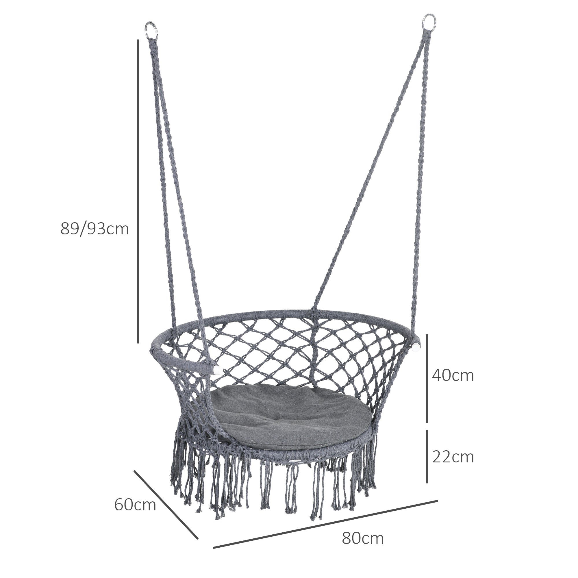Outsunny Outdoor Hanging Rope Chair with Cotton Rope, Cotton-Polyester Blend Macrame Garden Hammock Chair with Seat Cushion, Support Backrest, for Patio, Garden, Porch, Dark Grey - North Peak Garden Furniture