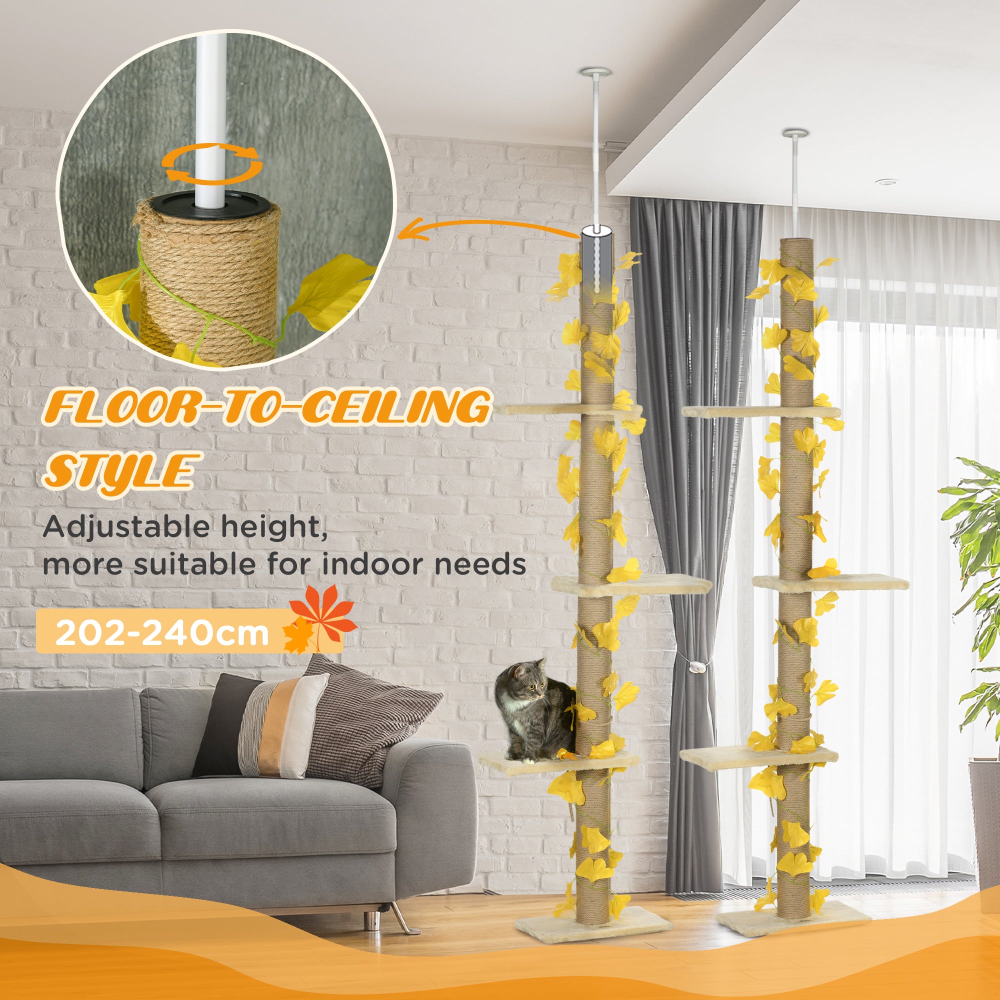 PawHut 242cm Adjustable Floor-To-Ceiling Cat Tree, with Artificial Decoration, Perches, Anti-Slip Kit - Yellow - North Peak Garden Furniture