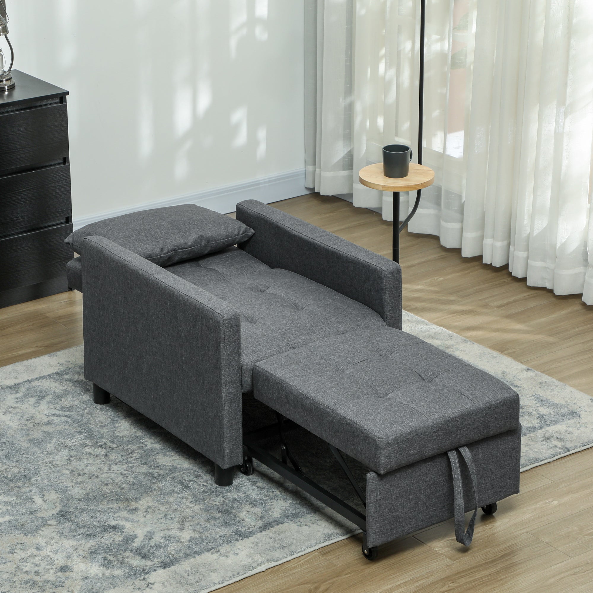 HOMCOM 3-In-1 Chair Bed, Convertible Sleeper Chair with Adjustable Backrest, Pillow and Footrest for Living Room, Dark Grey - North Peak Garden Furniture