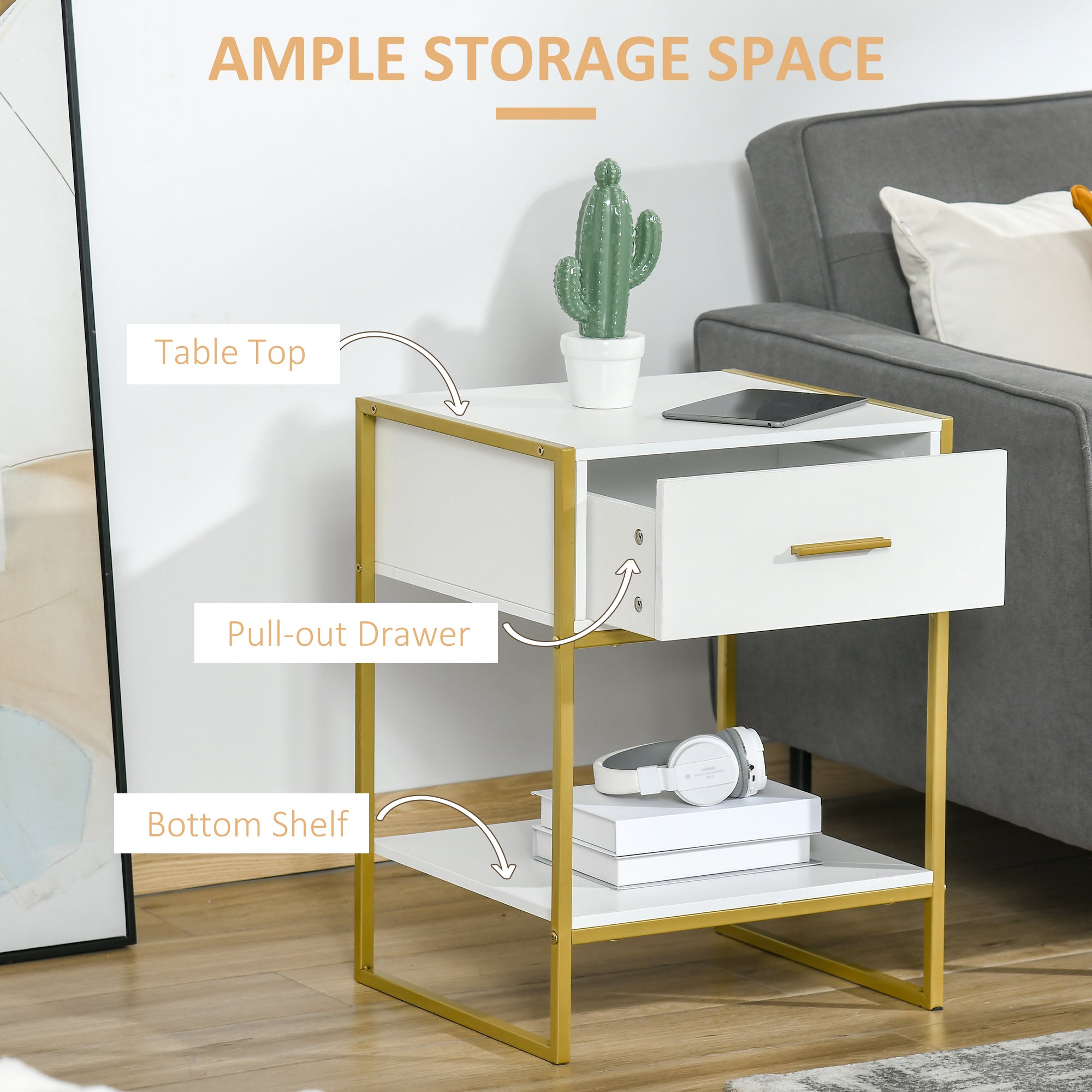 HOMCOM Bedside Table, Modern Side Table with Drawer and Shelf, Nightstand for Bedroom, White - North Peak Garden Furniture