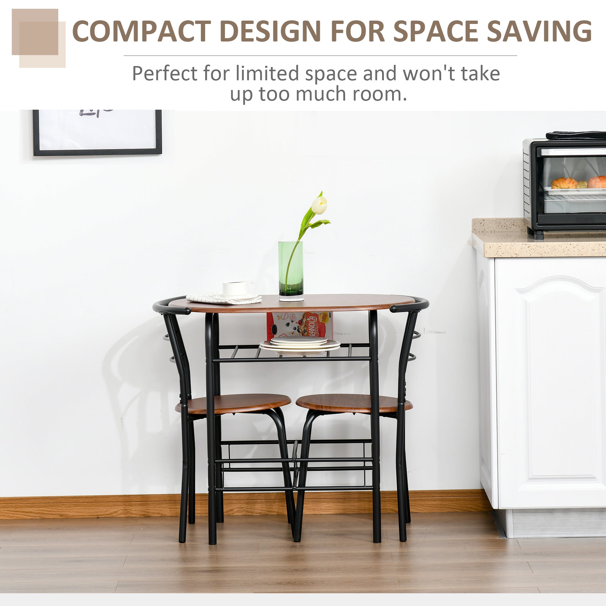 HOMCOM 3-Piece Dining Table Set , Metal Frame Wood Top Breakfast Bar Table Set for 2, Dining Table w/Storage Shelf & 2 chairs - North Peak Garden Furniture