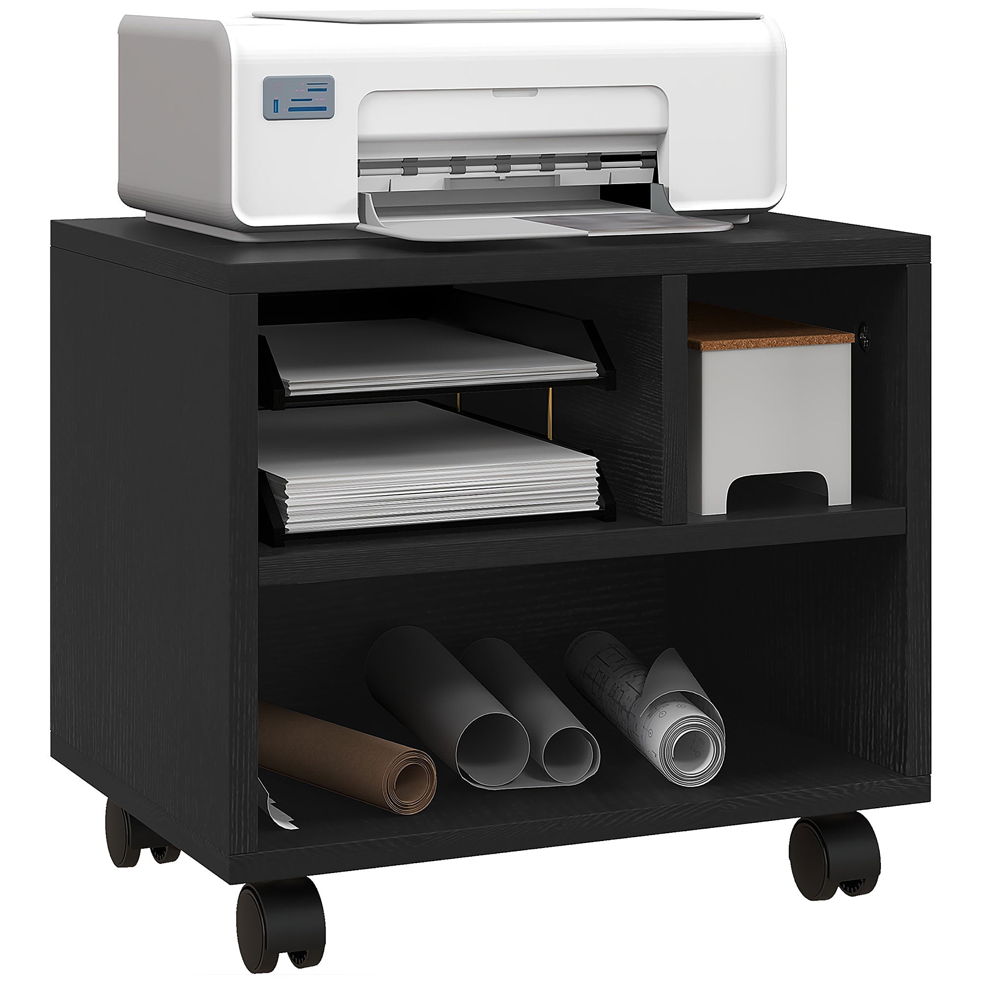 HOMCOM Three-Compartment Printer Cabinet, with Wheels - Black - North Peak Garden Furniture