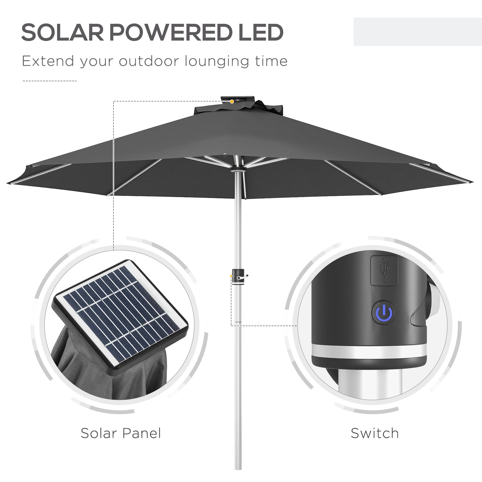 Outsunny 3m Parasol, with Solar-Powered LED Lights - Grey - North Peak Garden Furniture