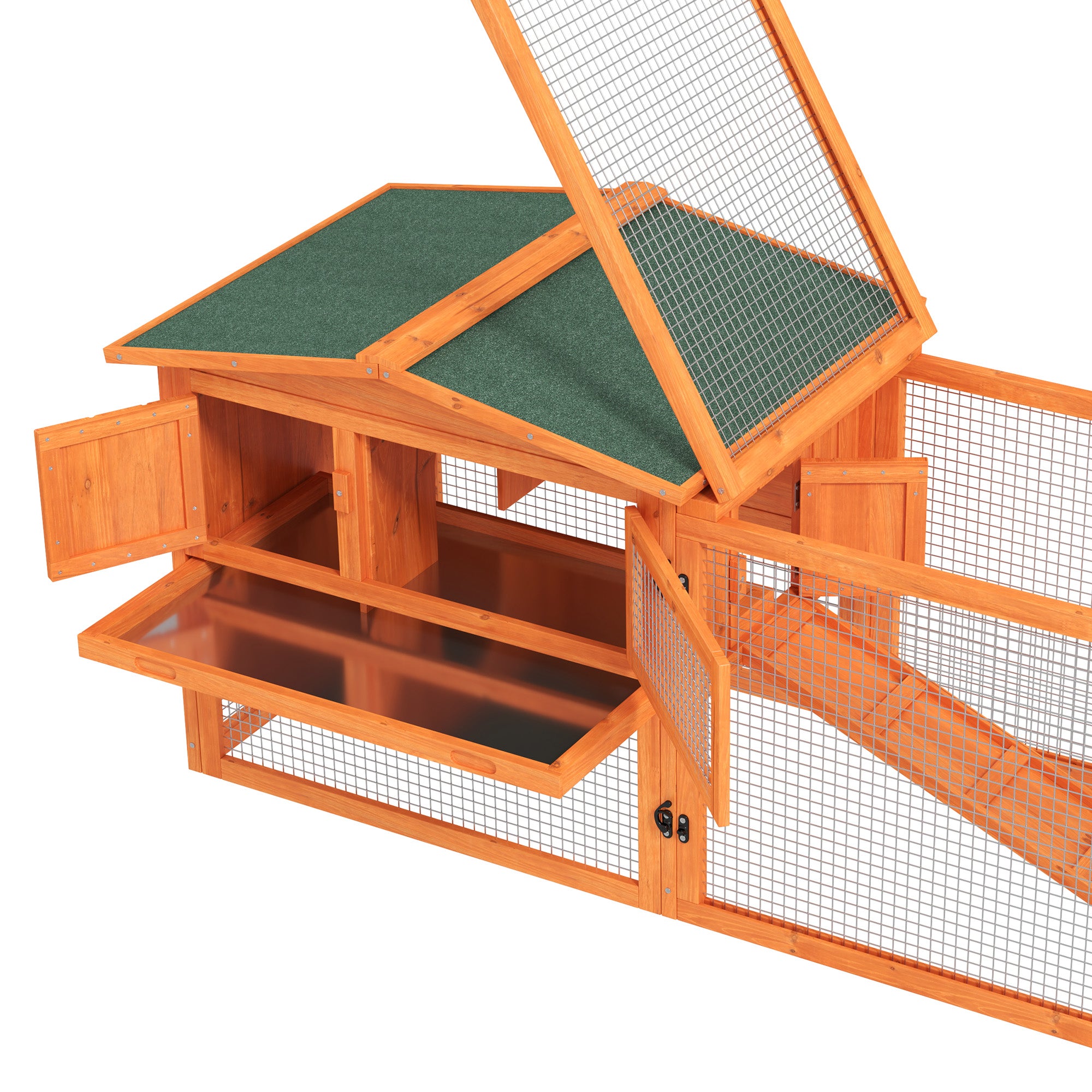 PawHut Rabbit Hutch with Run Wooden Guinea Pig Hutch Outdoor Bunny Cage Hide House with Sliding Tray, Hay Rack, Ramp, 156 x 58 x 68cm, Orange - North Peak Garden Furniture