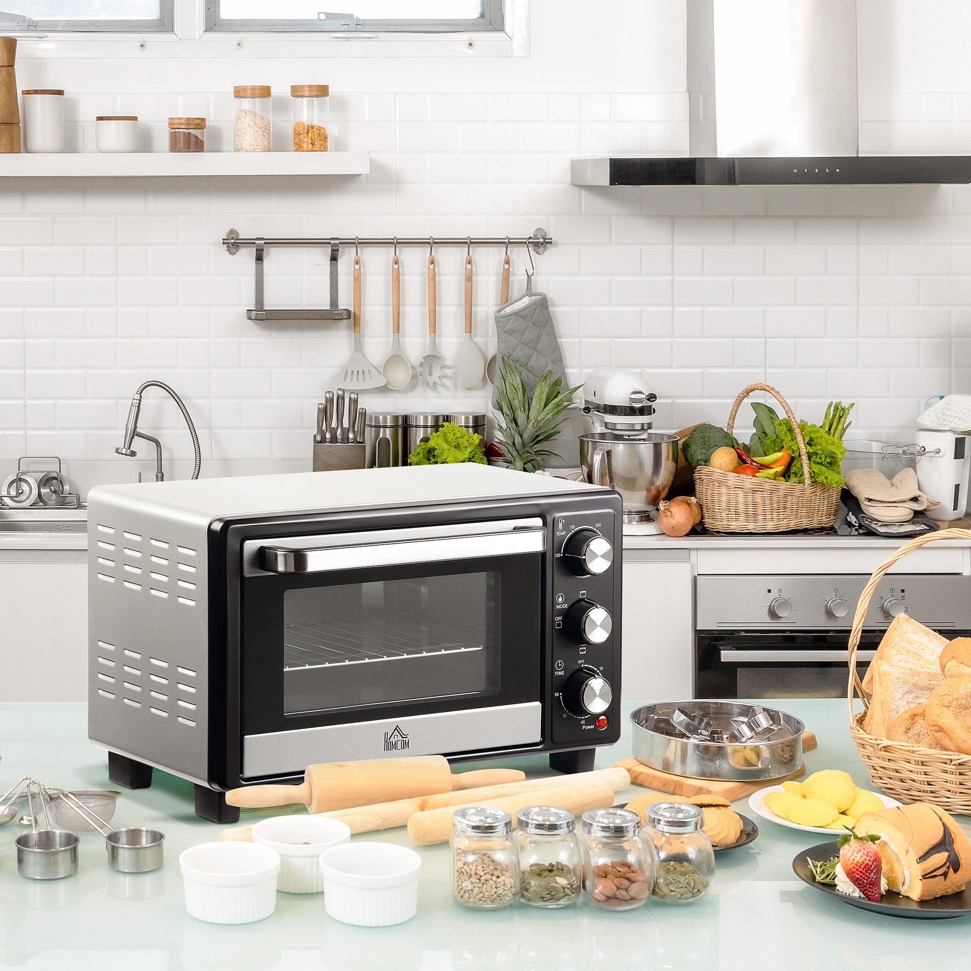 HOMCOM 16L Mini 1400W Countertop Oven - Black/Silver Tone - North Peak Garden Furniture
