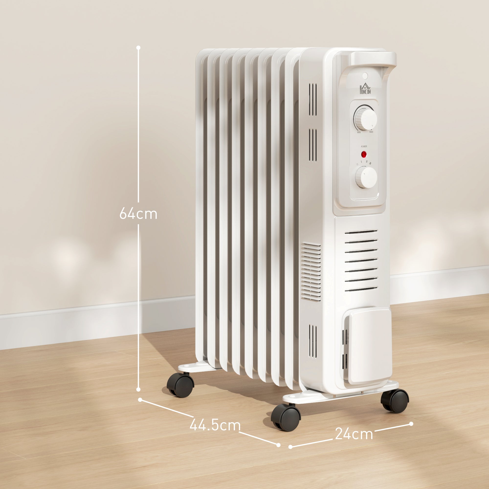 HOMCOM 2000W Quiet Oil Filled Radiator, 9 Fin Energy Efficient Portable Electric Heater with 3 Heat Settings, Adjustable Thermostat, Safety Tip Over, Overheat Protection, for Home, White - North Peak Garden Furniture