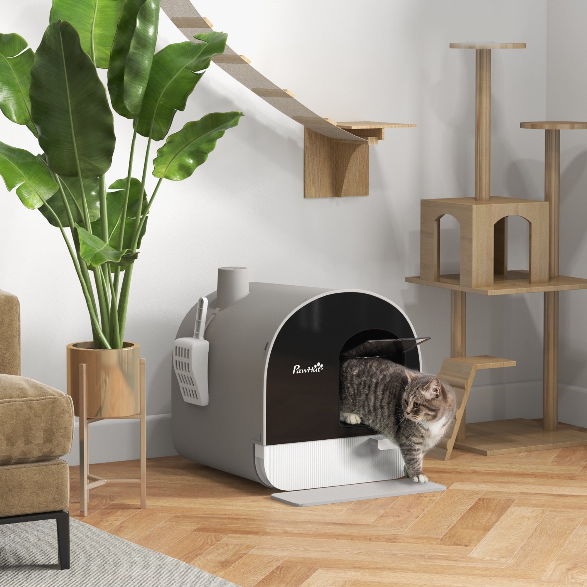 PawHut Hooded Cat Litter Box, Kitten Litter Tray, with Lid, Scoop, Filter, Flap Door, Light Grey - North Peak Garden Furniture