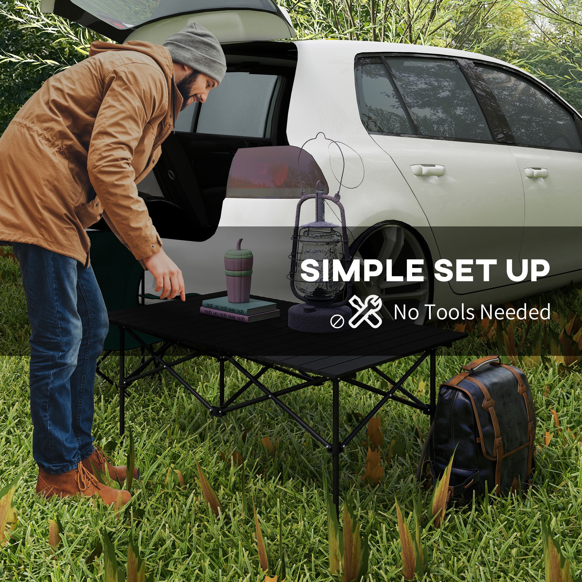 Outsunny Two-Seater Portable Aluminium Table, with Roll-Up Tabletop and Bag - Black - North Peak Garden Furniture