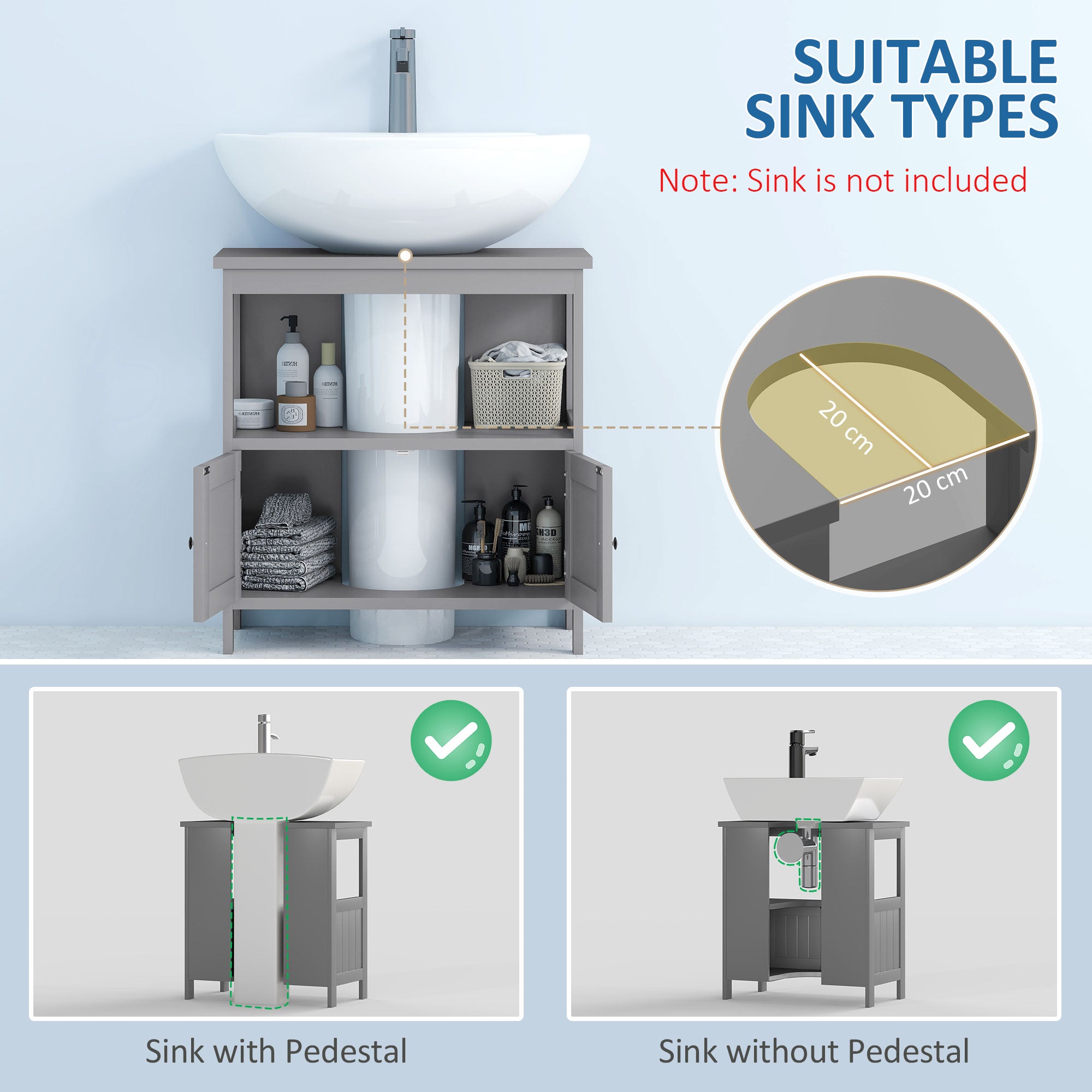 kleankin Pedestal Under Sink Cabinet with Double Doors, Modern Bathroom Vanity Storage Unit with Shelves, Light Grey - North Peak Garden Furniture