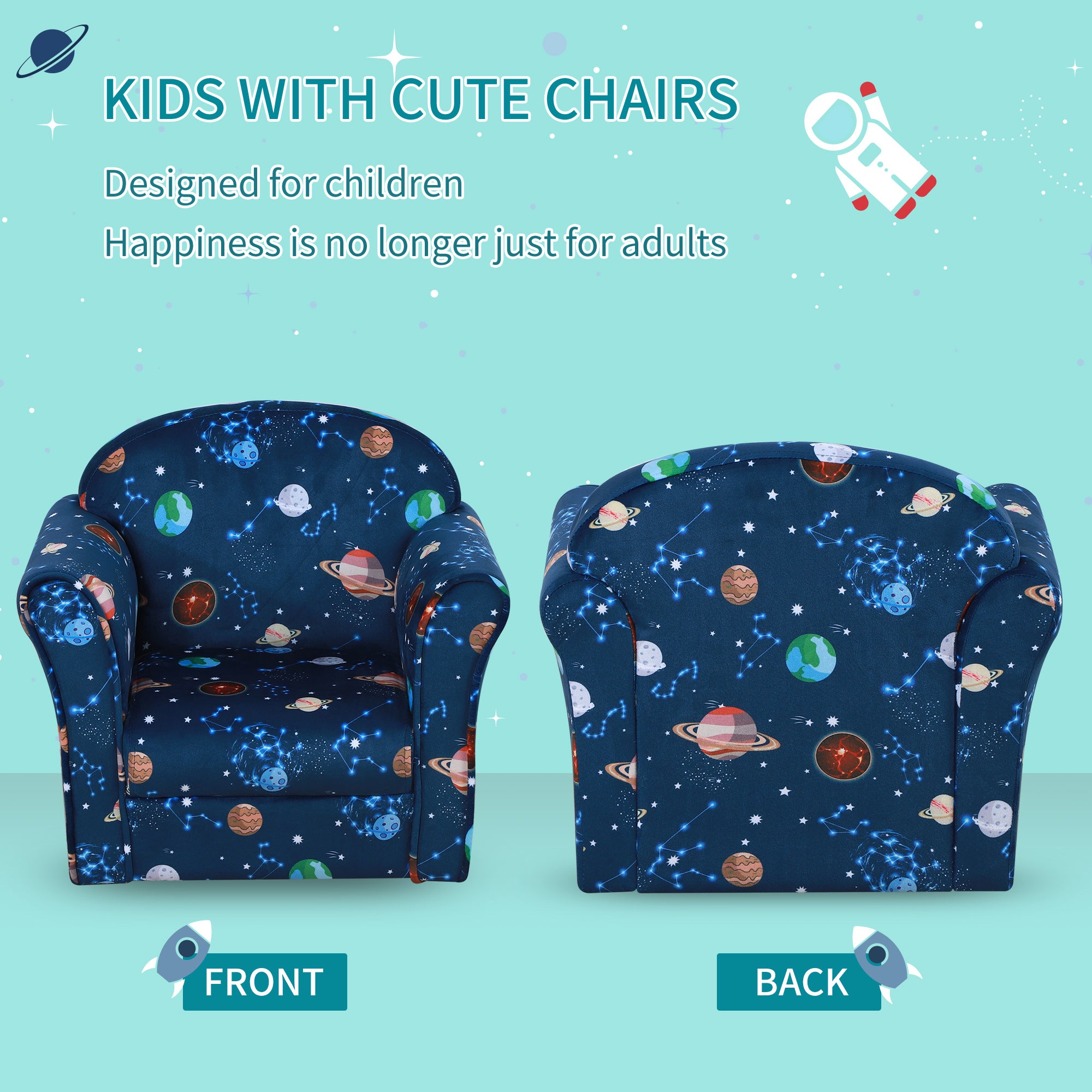 HOMCOM Kids Planet-Themed Armchair, with Non-Slip Feet, Wooden Frame - Blue - North Peak Garden Furniture