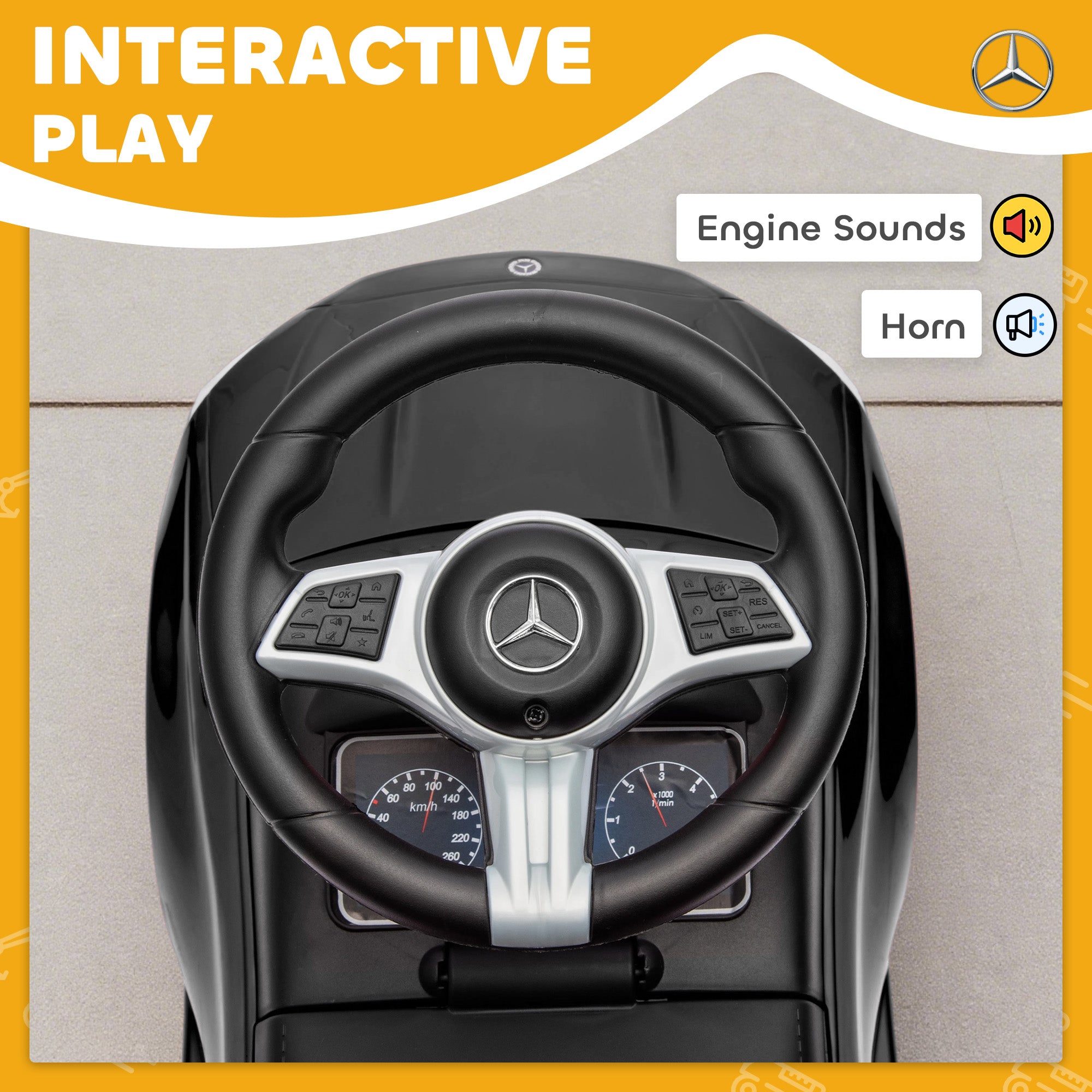AIYAPLAY Official Mercedes-Benz Ride On Car, Foot to Floor Sliding Walker with Horn, Engine Sounds and Under-Seat Storage, Black