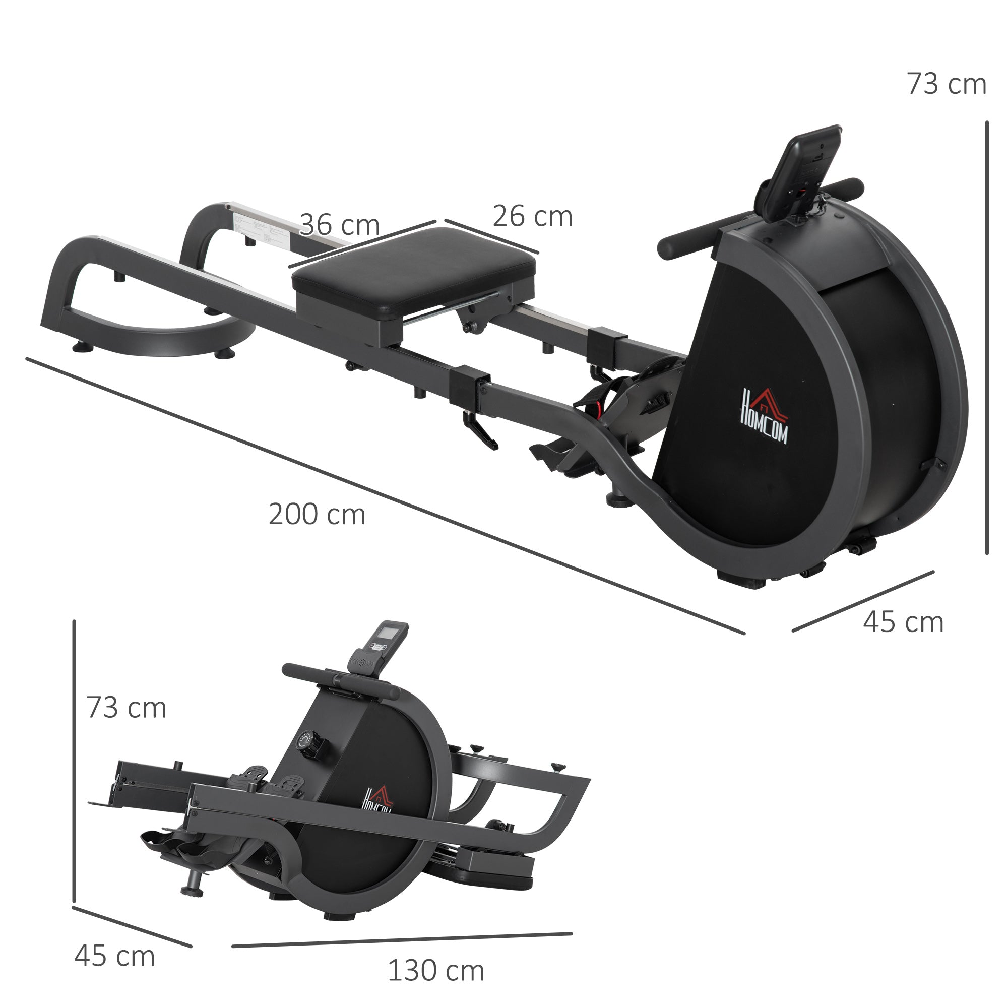 HOMCOM Folding Rowing Machine with 16-Level Adjustable Magnetic Resistance, Aluminium Side Rail, Digital Monitor, Cardio Workout Rower, for Home, Gym, Office - North Peak Garden Furniture