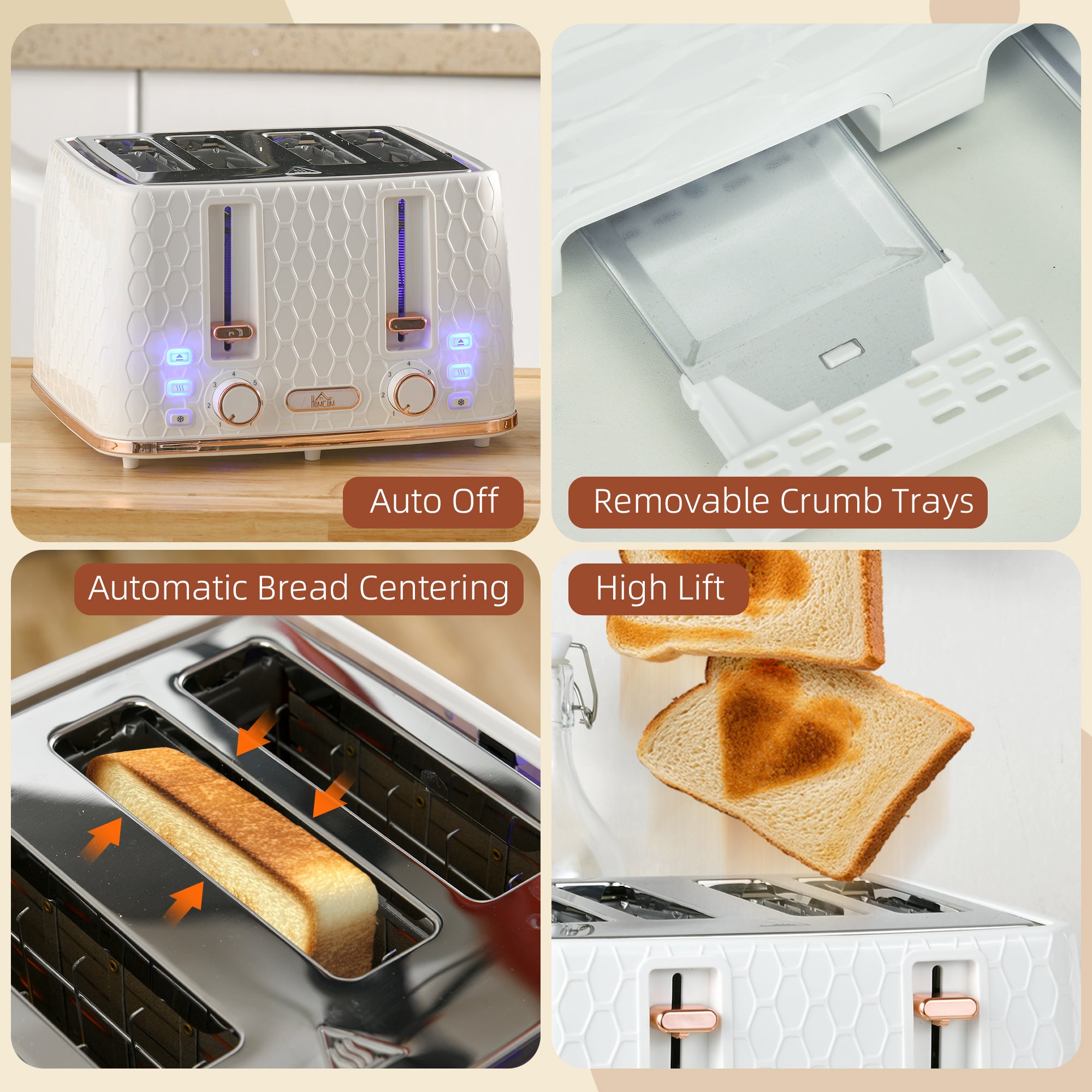 HOMCOM Four-Slice Honeycomb Toaster - White - North Peak Garden Furniture