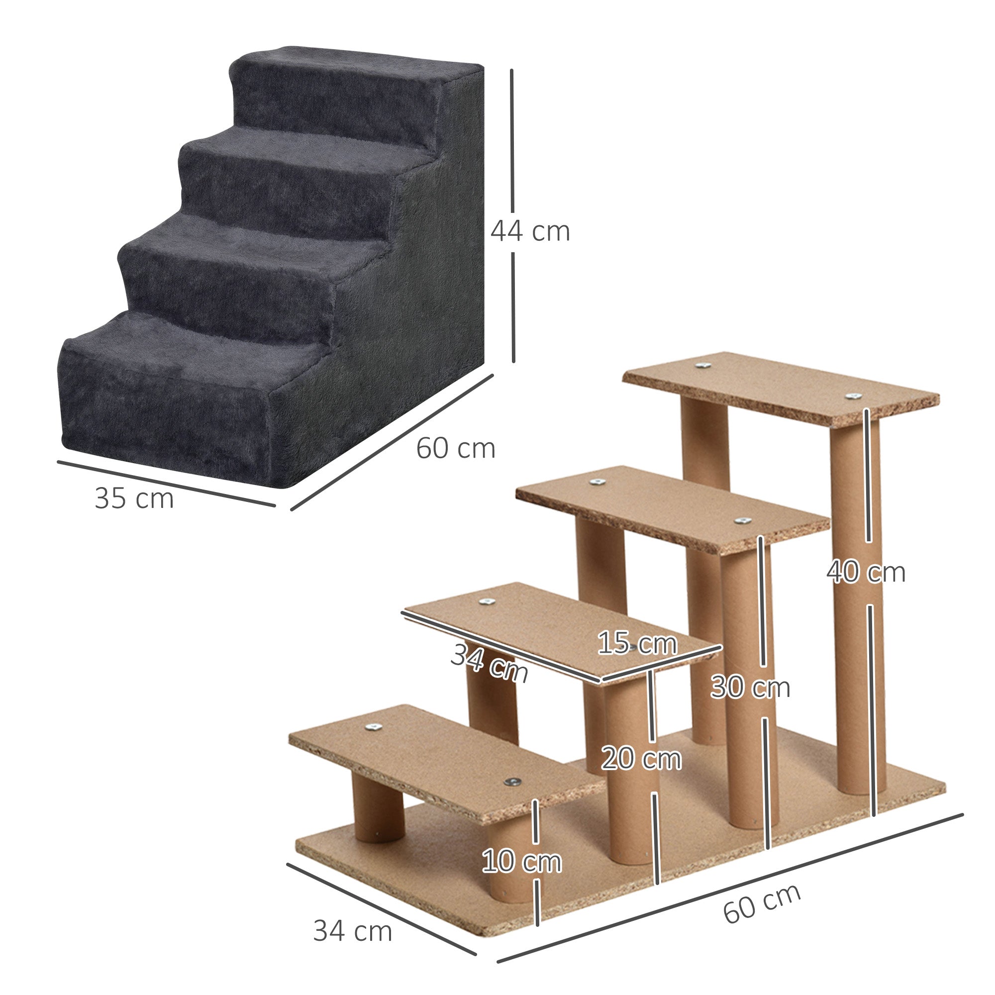 PawHut Four-Step Dog Stairs, with Washable Plush Cover, for High Bed Sofa, Dog Stairs for Small Dog and Cat - Dark Grey - North Peak Garden Furniture