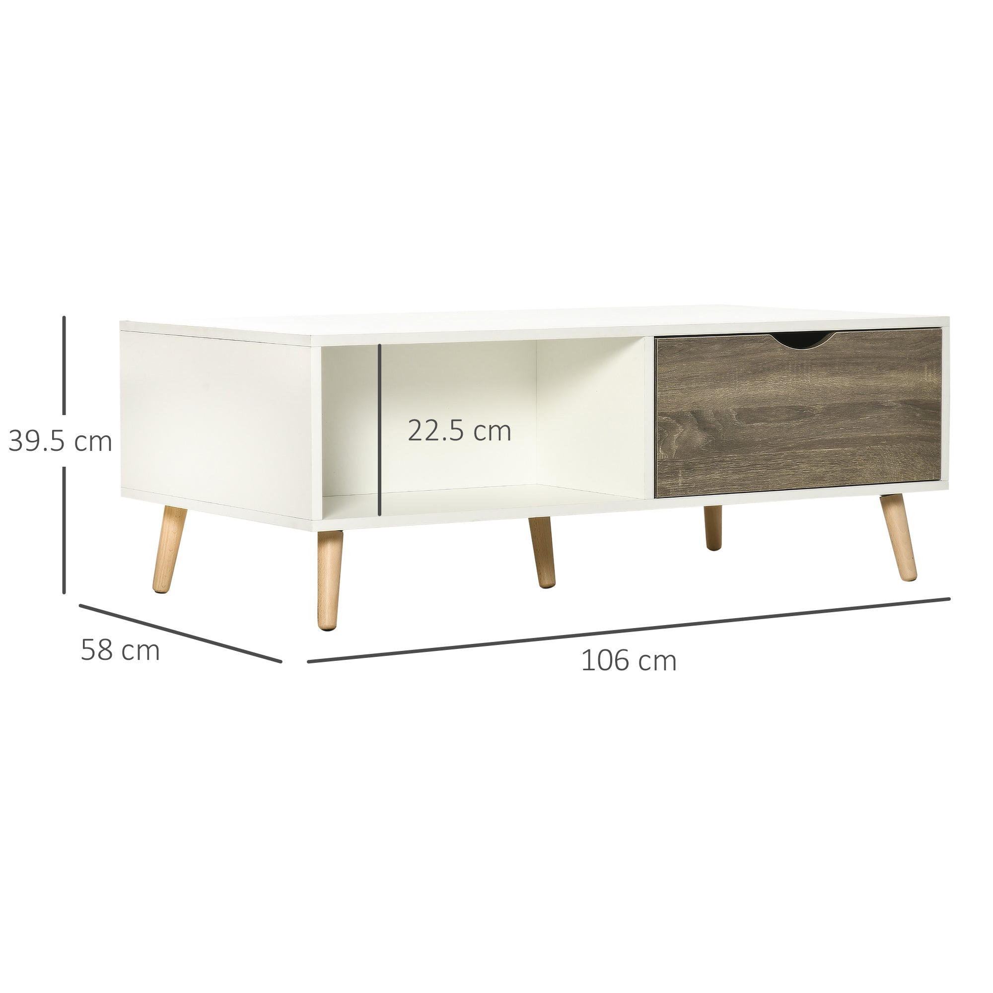 HOMCOM Coffee Table, Modern Tea Table with Open Storage Shelves, Two Drawers and Solid Wood Legs, Coffee Tables for Living Room, Bed Room, White