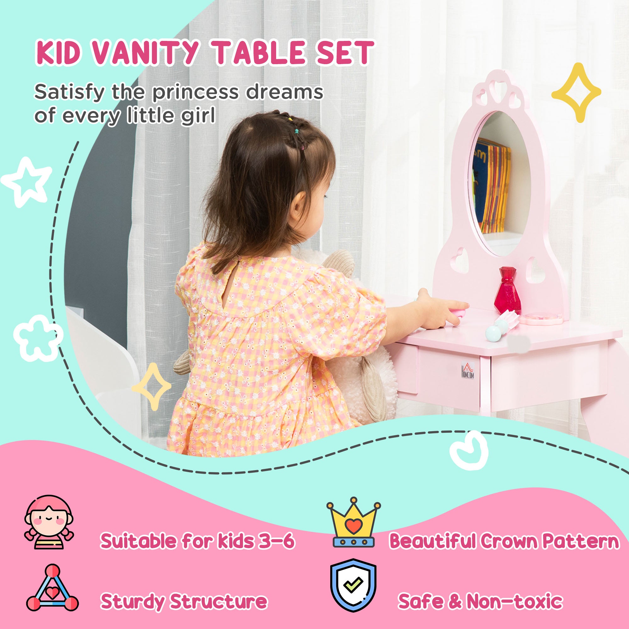 HOMCOM Kids Vanity Table & Stool Girls Dressing Set Make Up Desk Chair Dresser Play Set with Mirror Pink - North Peak Garden Furniture