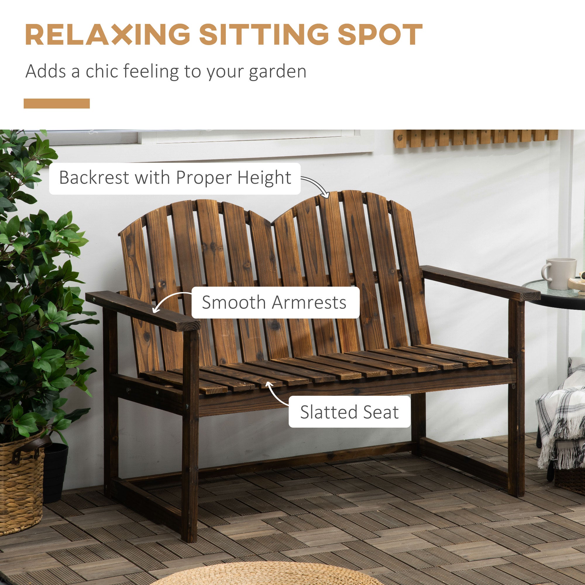 Outsunny Outdoor Wooden Garden Bench, Patio Loveseat Chair with Slatted Backrest and Smooth Armrests for Two People, for Yard, Lawn, Porch, Carbonised Finish - North Peak Garden Furniture