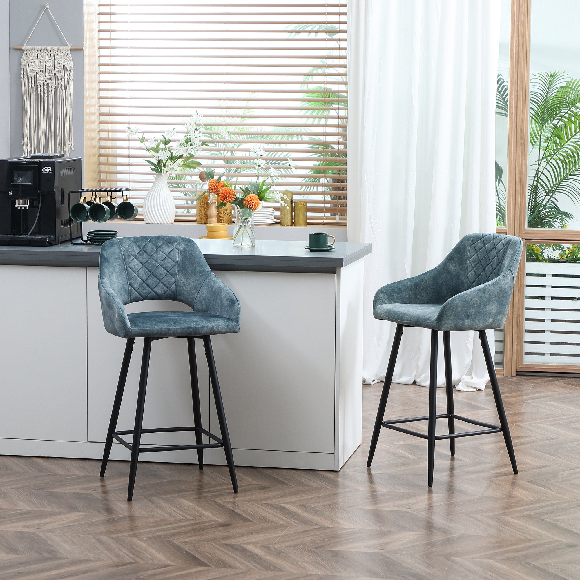HOMCOM Bar Stools Set of 2, Velvet-Touch Fabric Counter Height Bar Chairs, Kitchen Stools with Steel Legs for Dining Area, Kitchen Island Barstools, Blue - North Peak Garden Furniture