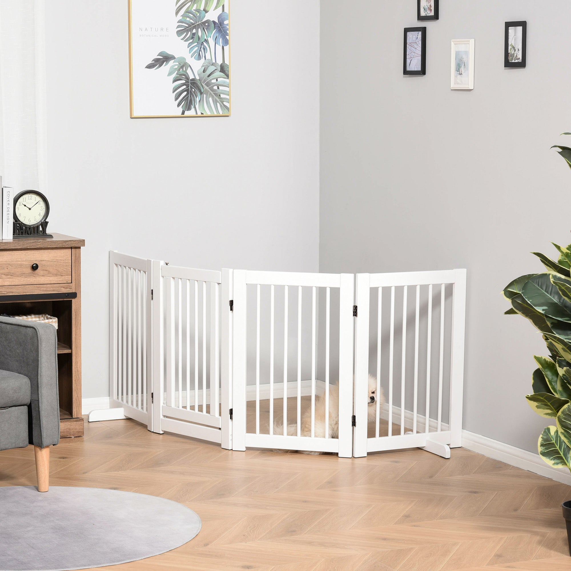 PawHut Freestanding Pet Gate 4 Panels Wooden Dog Safety Fence Foldable with Support Feet for Doorway Stairs 91cm Tall White - North Peak Garden Furniture