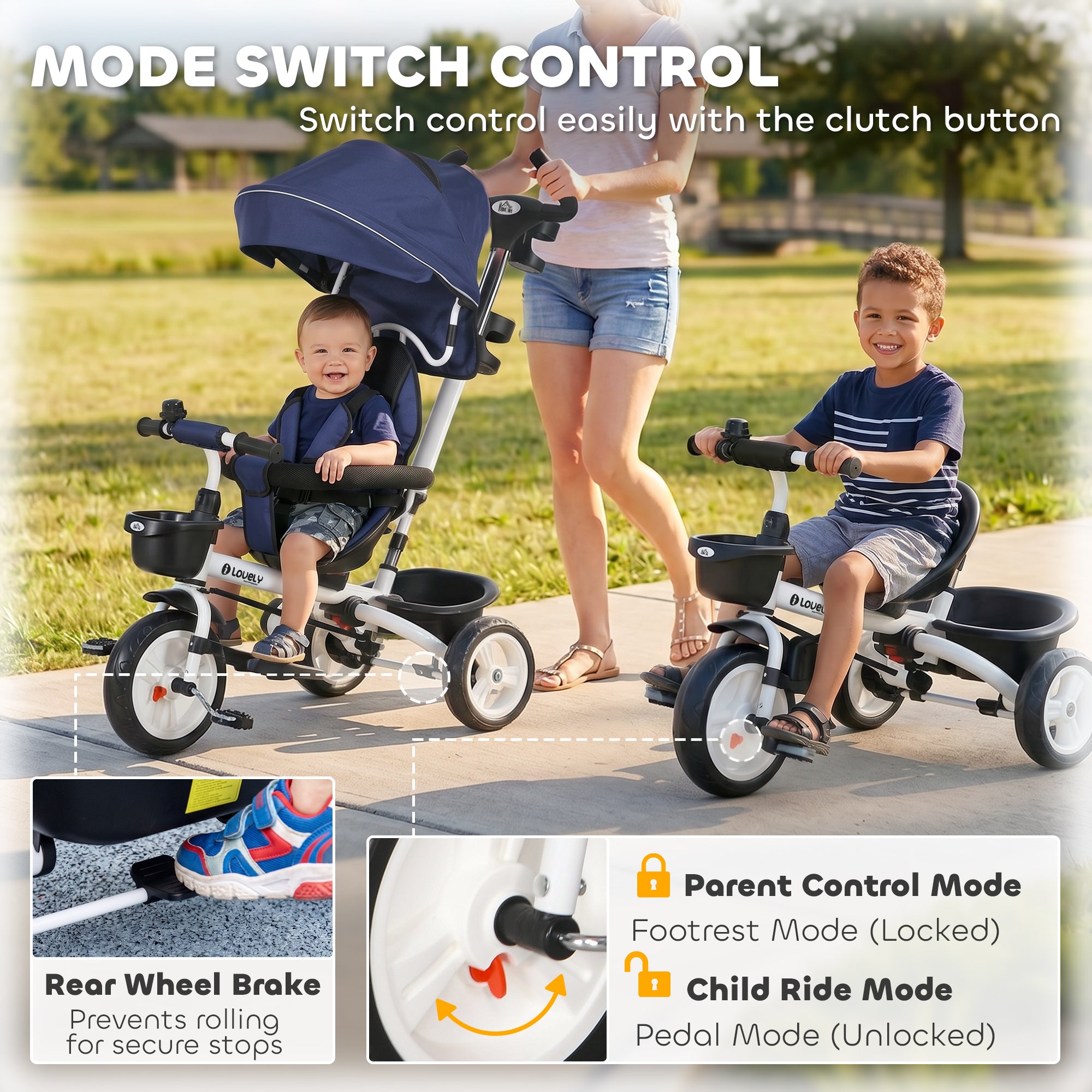 HOMCOM Metal Frame 6 in 1 Baby Push Tricycle with Parent Handle for 1-5 Years Old, Dark Blue