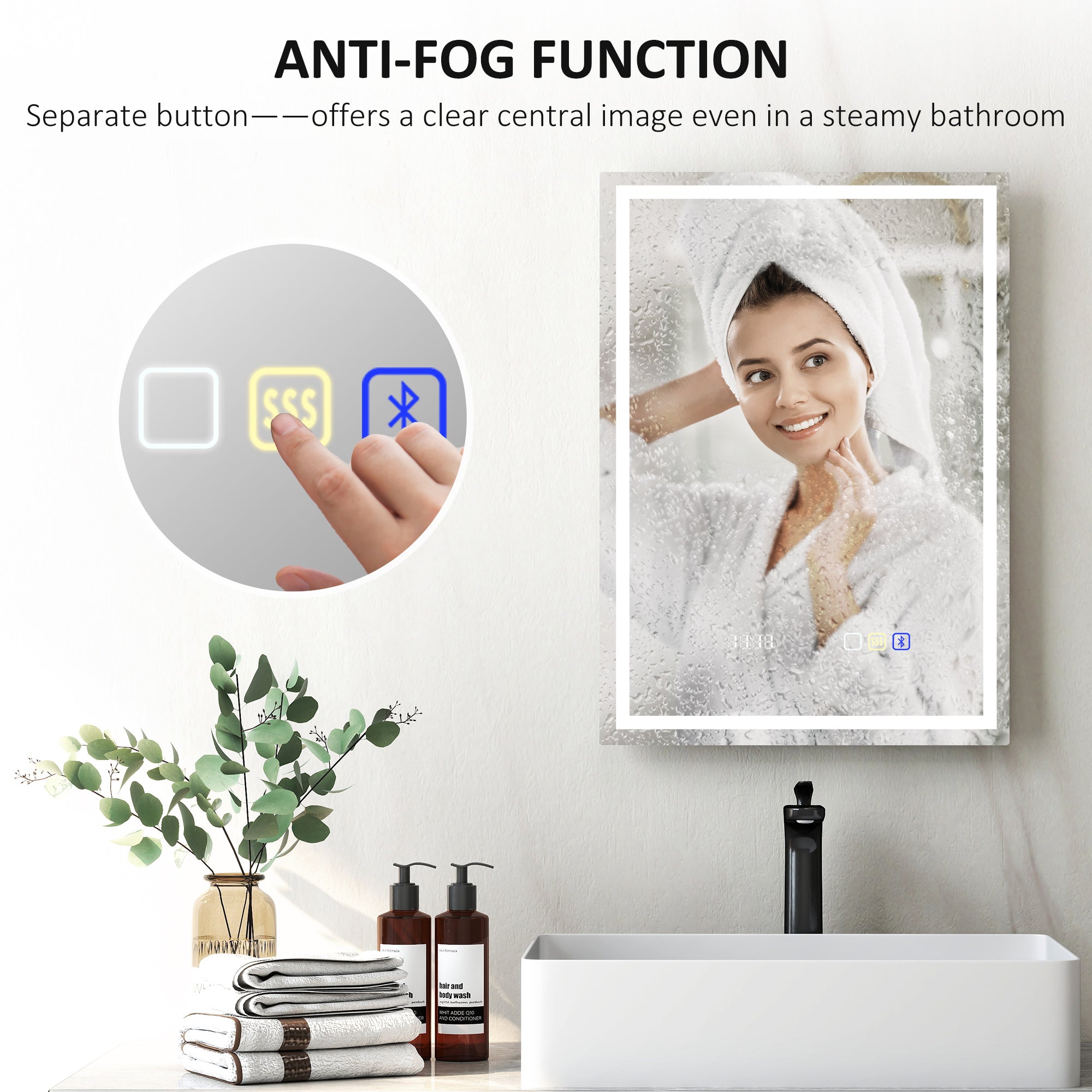 HOMCOM 50 x 70 cm Anti-Fog LED Bathroom Mirror, with Bluetooth and Clock - Silver Tone - North Peak Garden Furniture